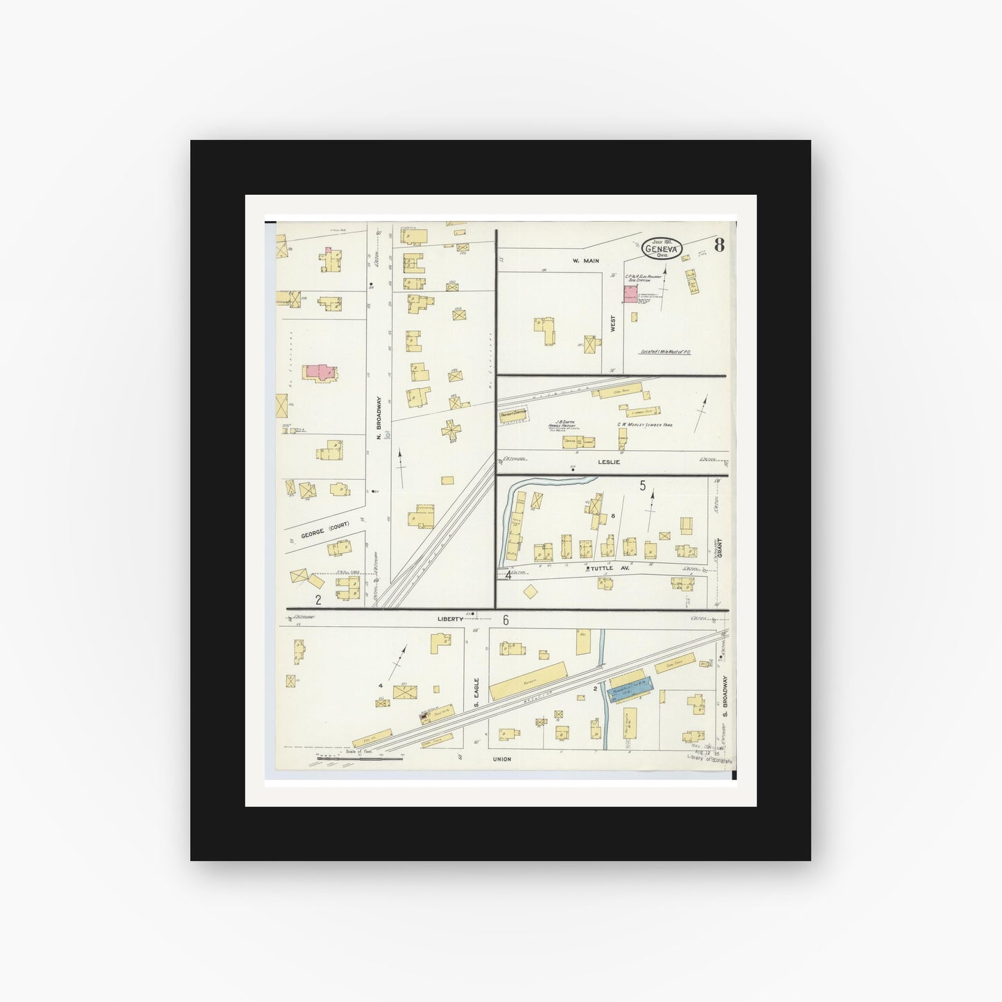 Old map wall art mockup — black gallery frame with white mat — Sanborn Fire Insurance Map from Geneva, Ashtabula County, Ohio (1911), Sheet #0008