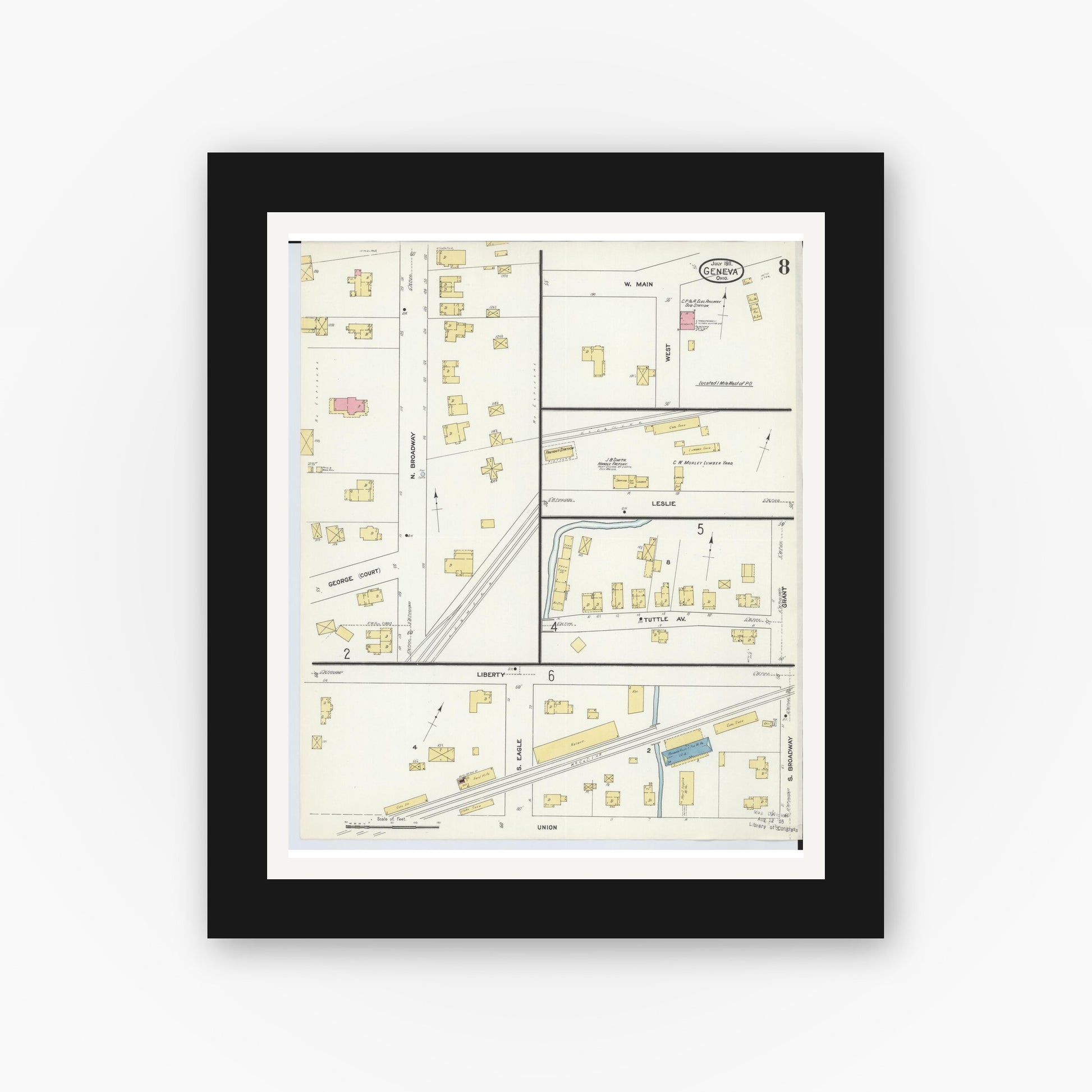 Old map wall art mockup — black gallery frame with white mat — Sanborn Fire Insurance Map from Geneva, Ashtabula County, Ohio (1911), Sheet #0008