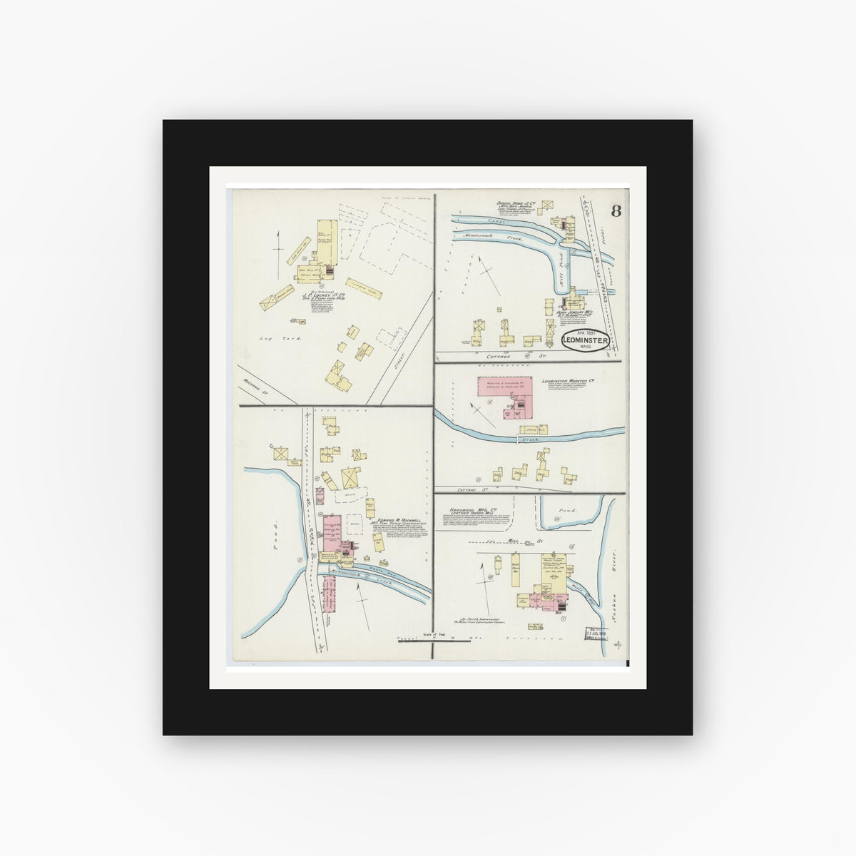 Old map wall art mockup — black gallery frame with white mat — Sanborn Fire Insurance Map from Leominster, Worcester County, Massachusetts (1891), Sheet #0008