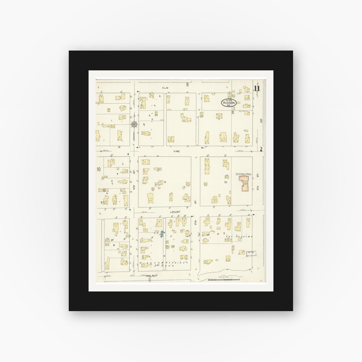 Old map wall art mockup — black gallery frame with white mat — Sanborn Fire Insurance Map from Hudson, St. Croix County, Wisconsin (1912), Sheet #0011