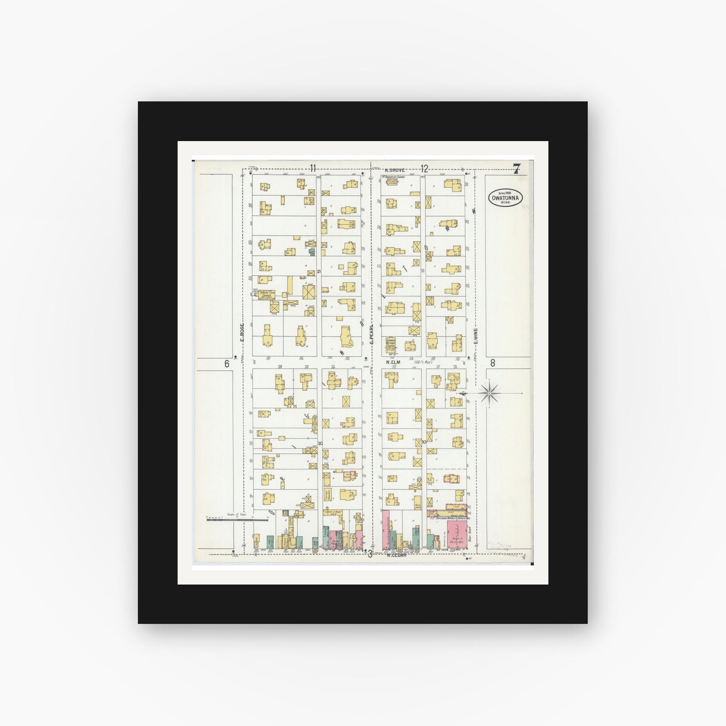 Old map wall art mockup — black gallery frame with white mat — Sanborn Fire Insurance Map from Owatonna, Steele County, Minnesota (1900), Sheet #0007