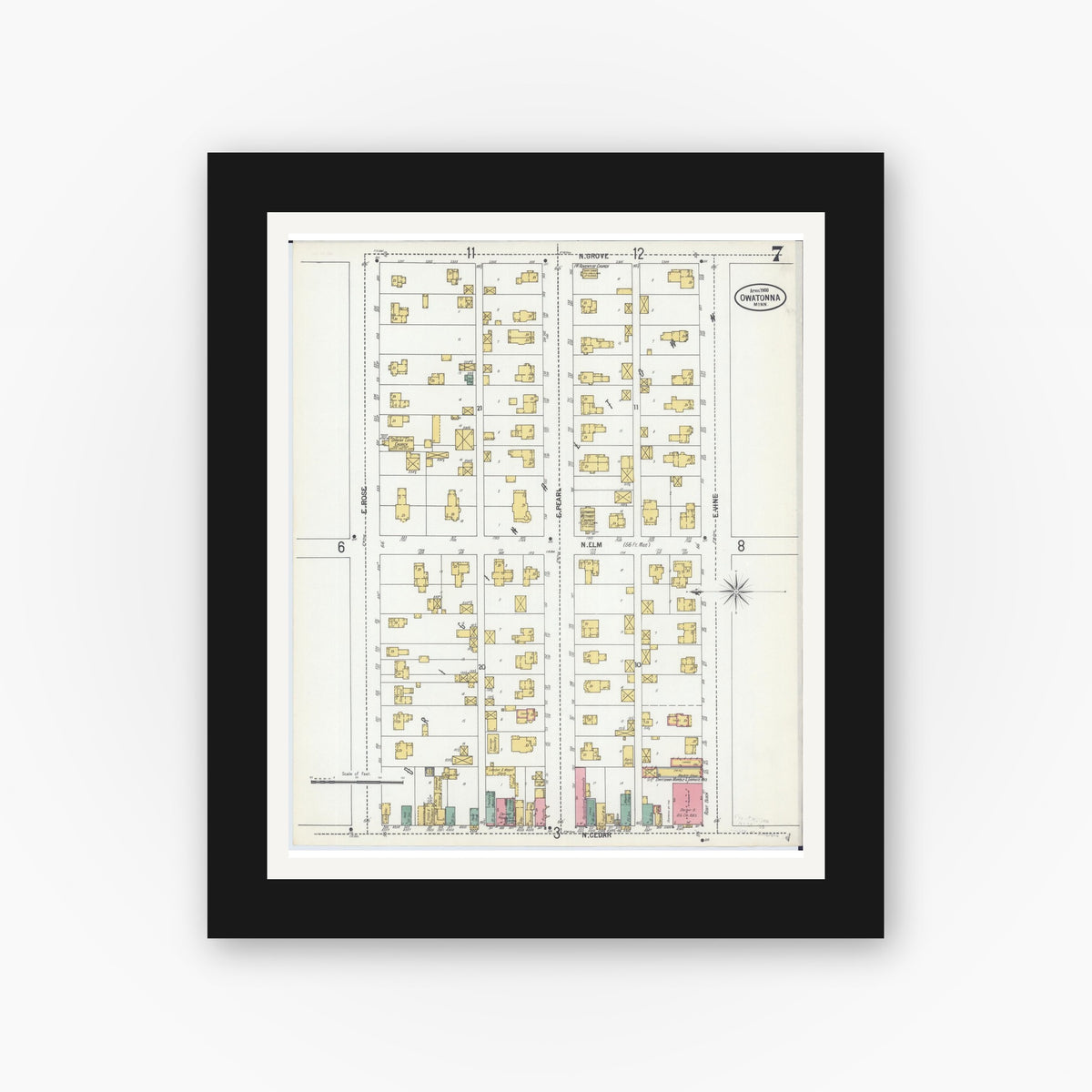 Old map wall art mockup — black gallery frame with white mat — Sanborn Fire Insurance Map from Owatonna, Steele County, Minnesota (1900), Sheet #0007