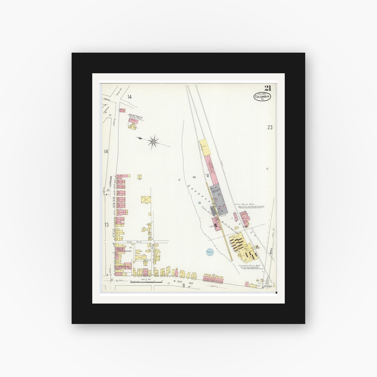 Old map wall art mockup — black gallery frame with white mat — Sanborn Fire Insurance Map from Columbia, Lancaster County, Pennsylvania (1909), Sheet #0021