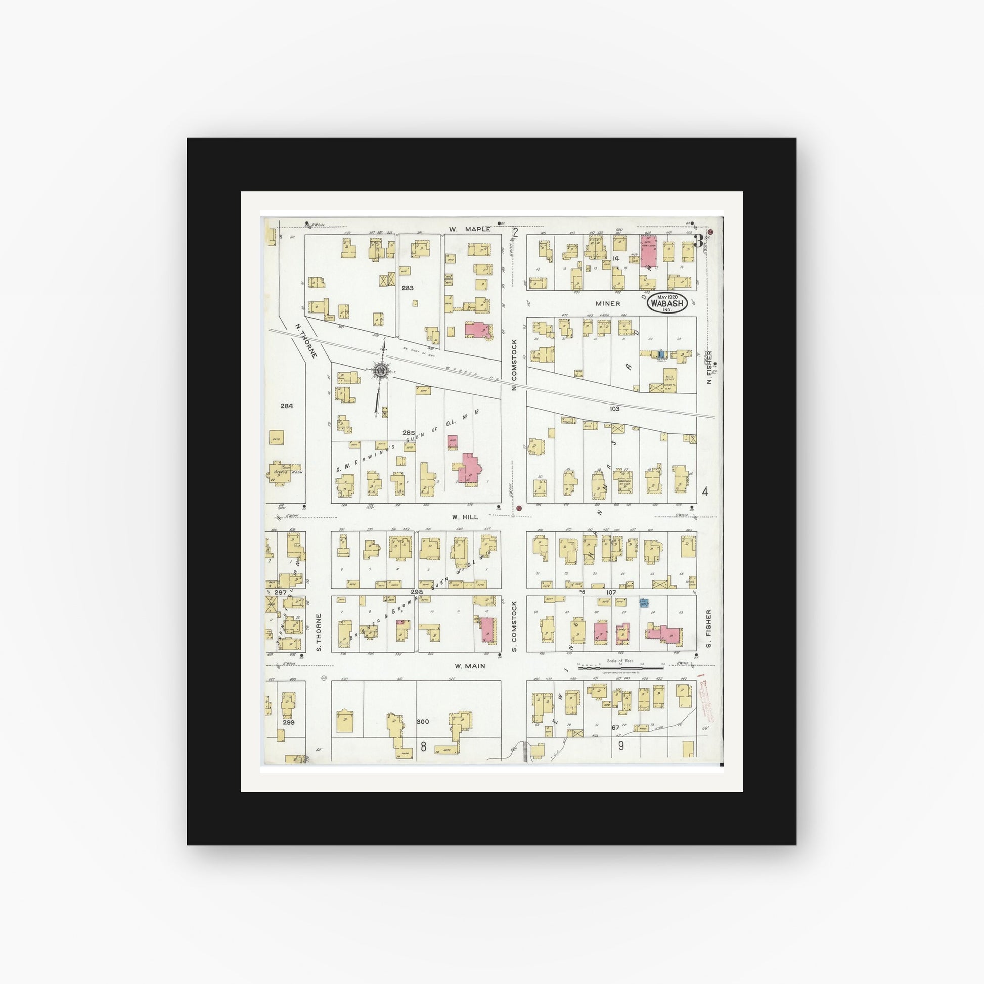 Old map wall art mockup — black gallery frame with white mat — Sanborn Fire Insurance Map from Wabash, Wabash County, Indiana (1920), Sheet #0003