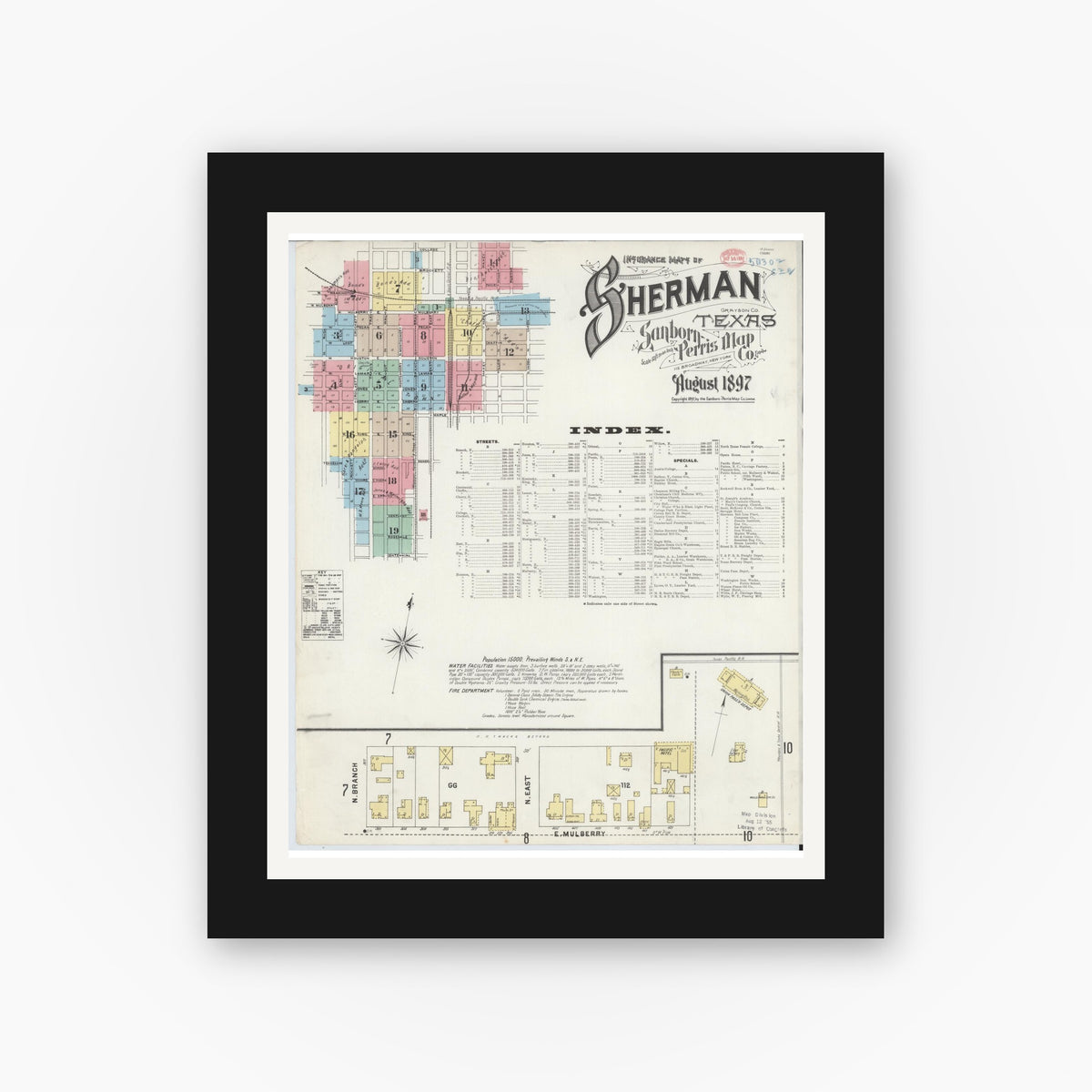 Old map wall art mockup — black gallery frame with white mat — Sanborn Fire Insurance Map from Sherman, Grayson County, Texas (1897) - Complete Map Set