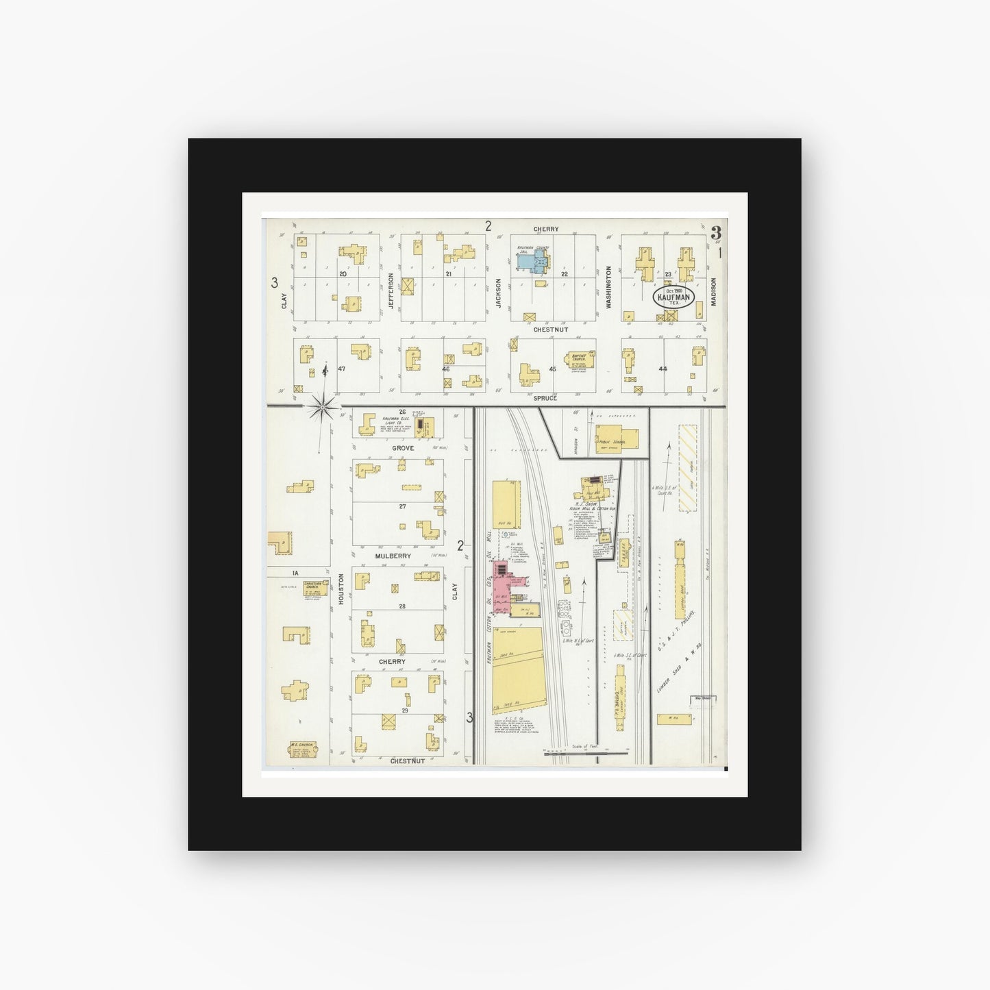 Old map wall art mockup — black gallery frame with white mat — Sanborn Fire Insurance Map from Kaufman, Kaufman County, Texas (1900), Sheet #0003