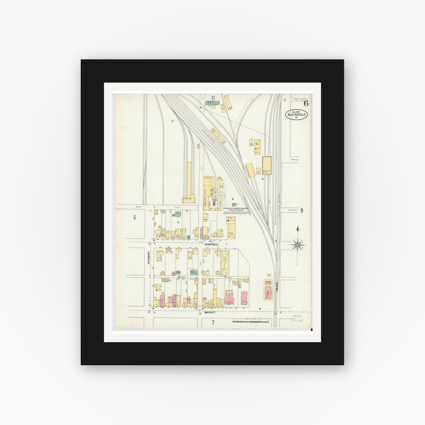 Old map wall art mockup — black gallery frame with white mat — Sanborn Fire Insurance Map from Blairsville, Indiana County, Pennsylvania (1903), Sheet #0006
