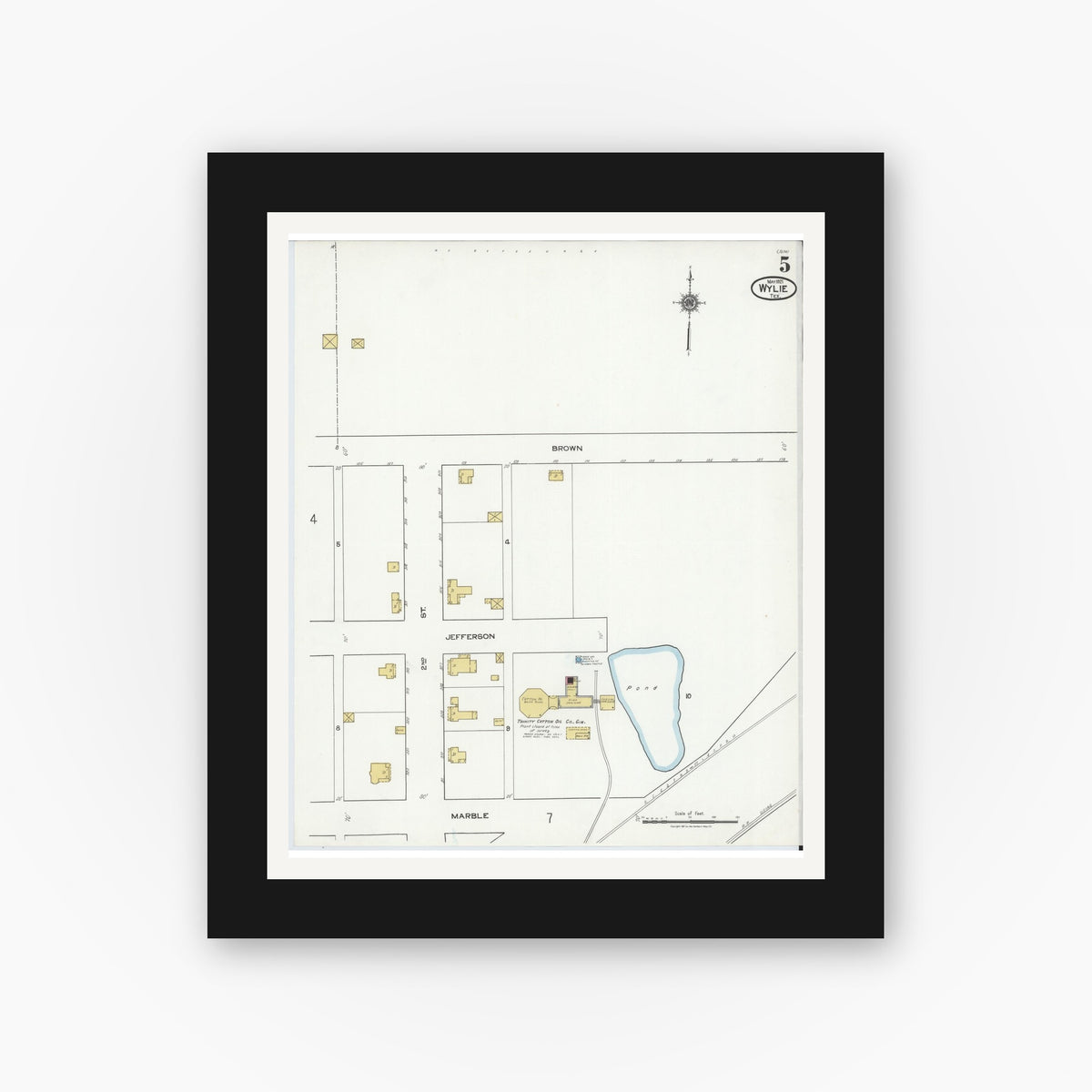 Old map wall art mockup — black gallery frame with white mat — Sanborn Fire Insurance Map from Wylie, Collin County, Texas (1921), Sheet #0005