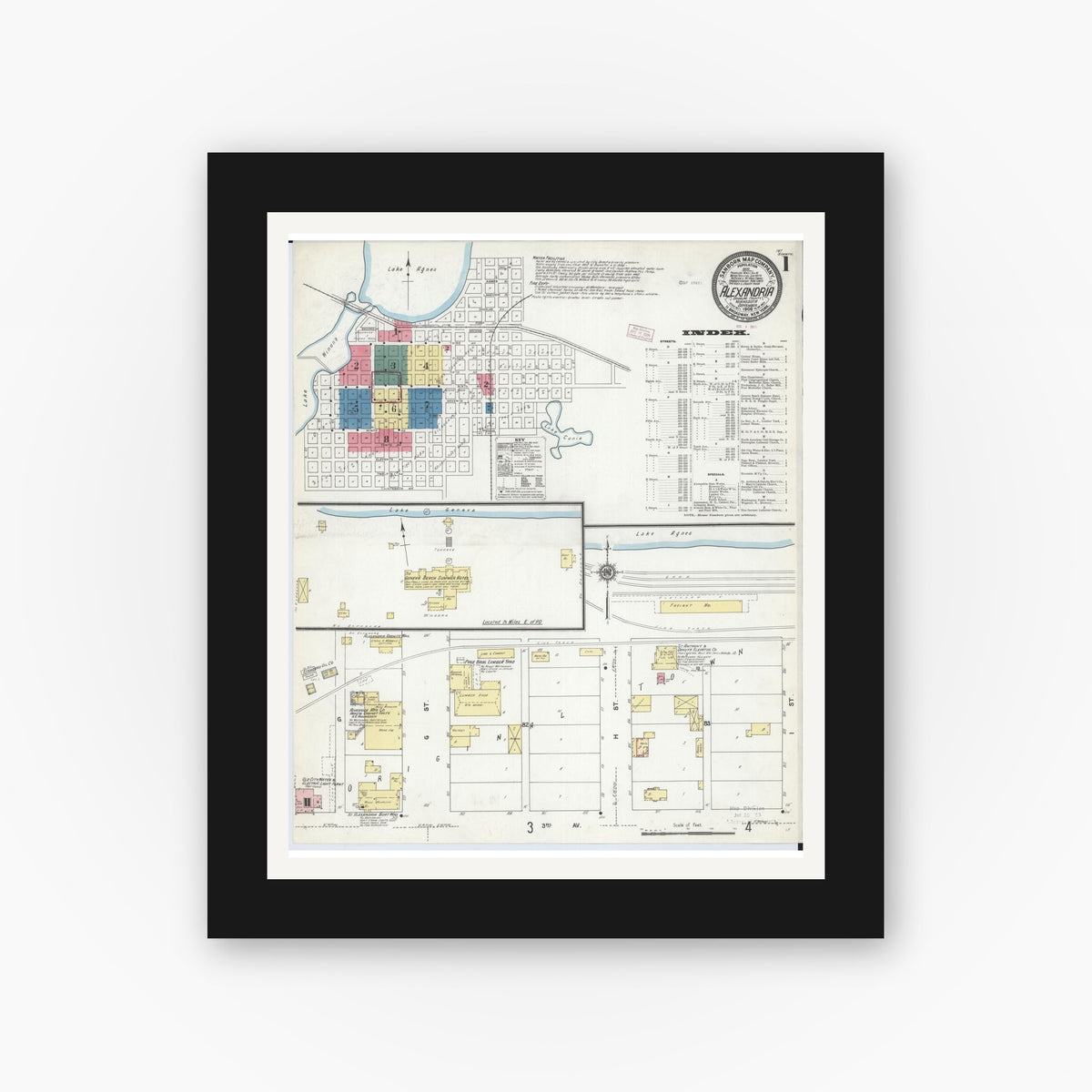 Old map wall art mockup — black gallery frame with white mat — Sanborn Fire Insurance Map from Alexandria, Douglas County, Minnesota (1909) - Complete Map Set