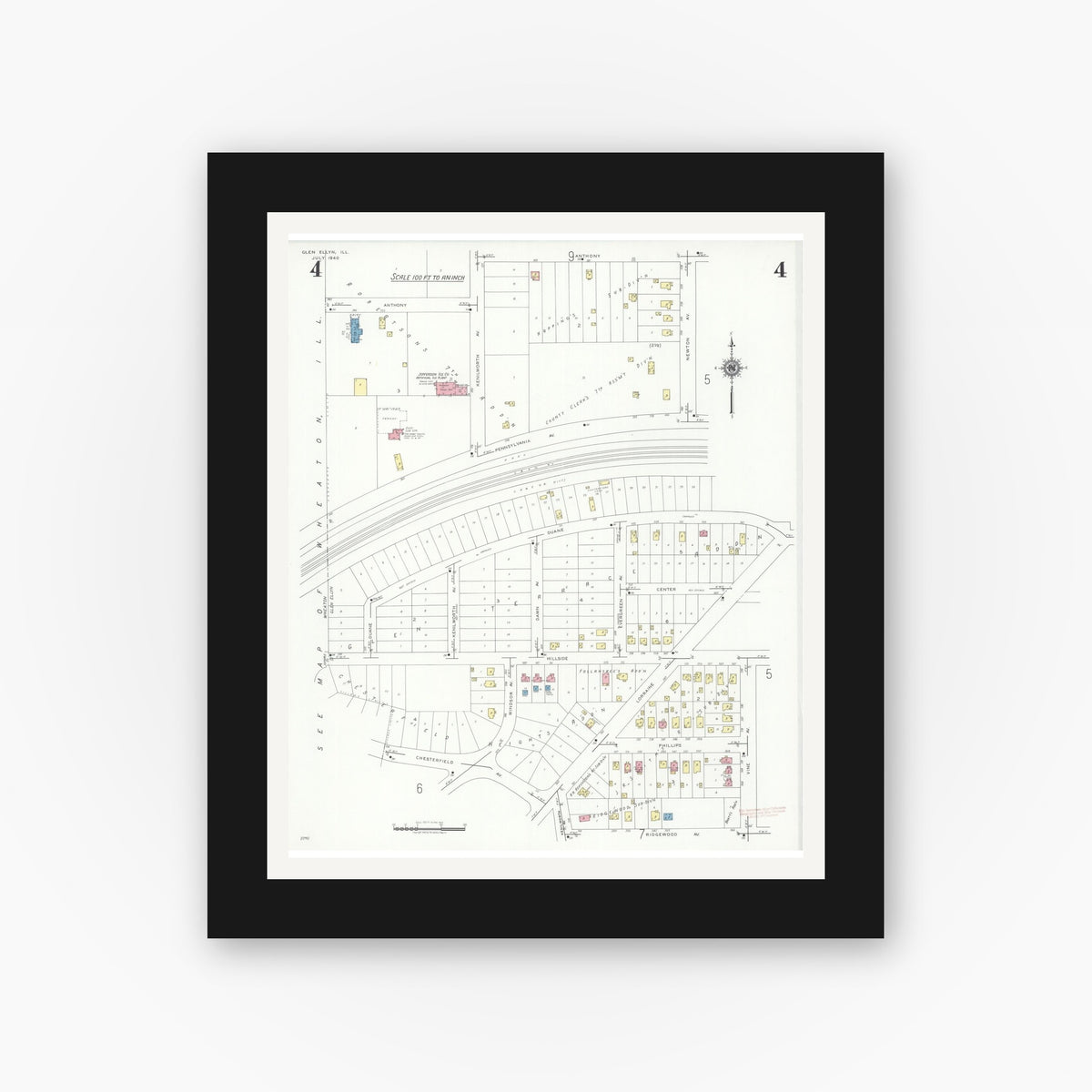 Old map wall art mockup — black gallery frame with white mat — Sanborn Fire Insurance Map from Glen Ellyn, Du Page County, Illinois (1940), Sheet #0004