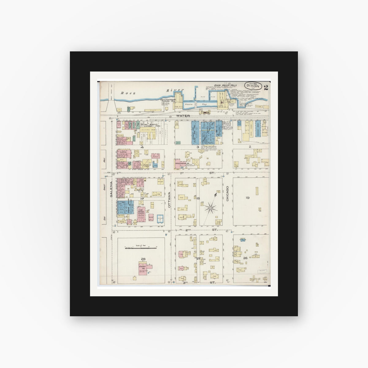 Old map wall art mockup — black gallery frame with white mat — Sanborn Fire Insurance Map from Dixon, Lee County, Illinois (1885), Sheet #0002