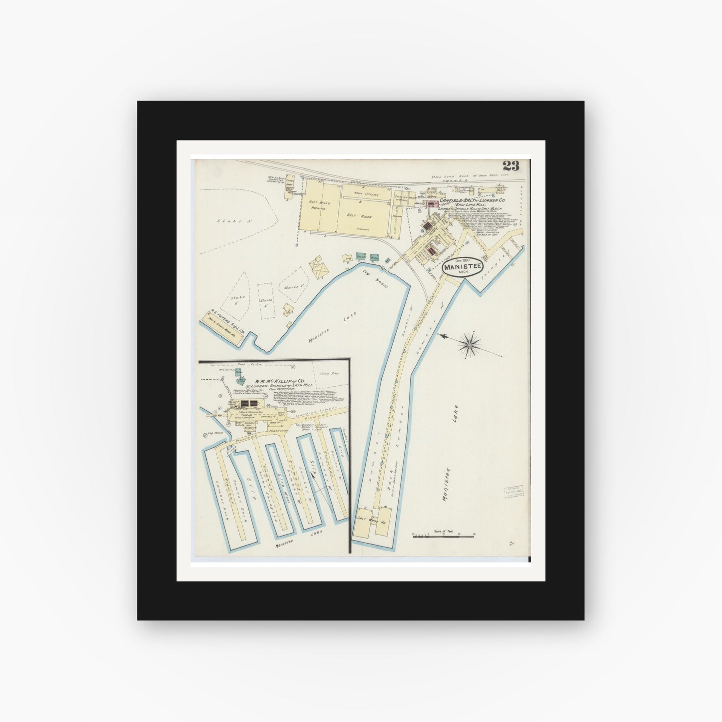 Old map wall art mockup — black gallery frame with white mat — Sanborn Fire Insurance Map from Manistee, Manistee County, Michigan (1890), Sheet #0023