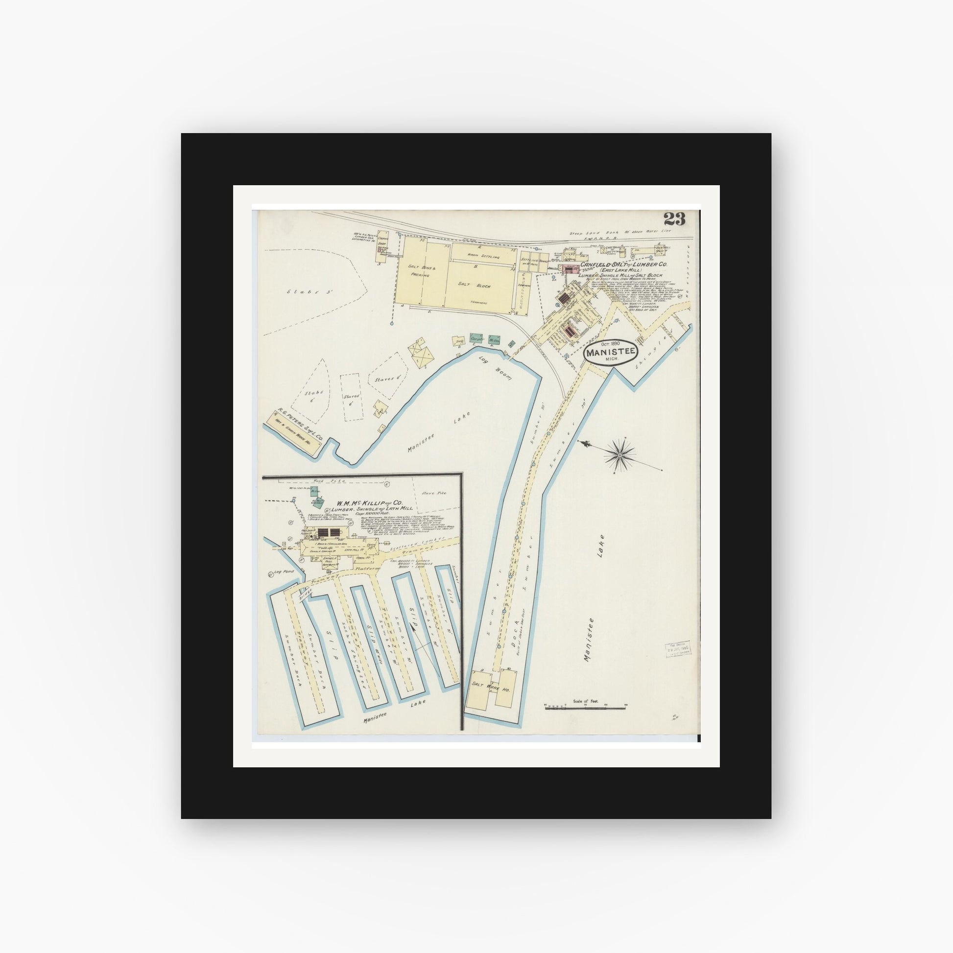 Old map wall art mockup — black gallery frame with white mat — Sanborn Fire Insurance Map from Manistee, Manistee County, Michigan (1890), Sheet #0023