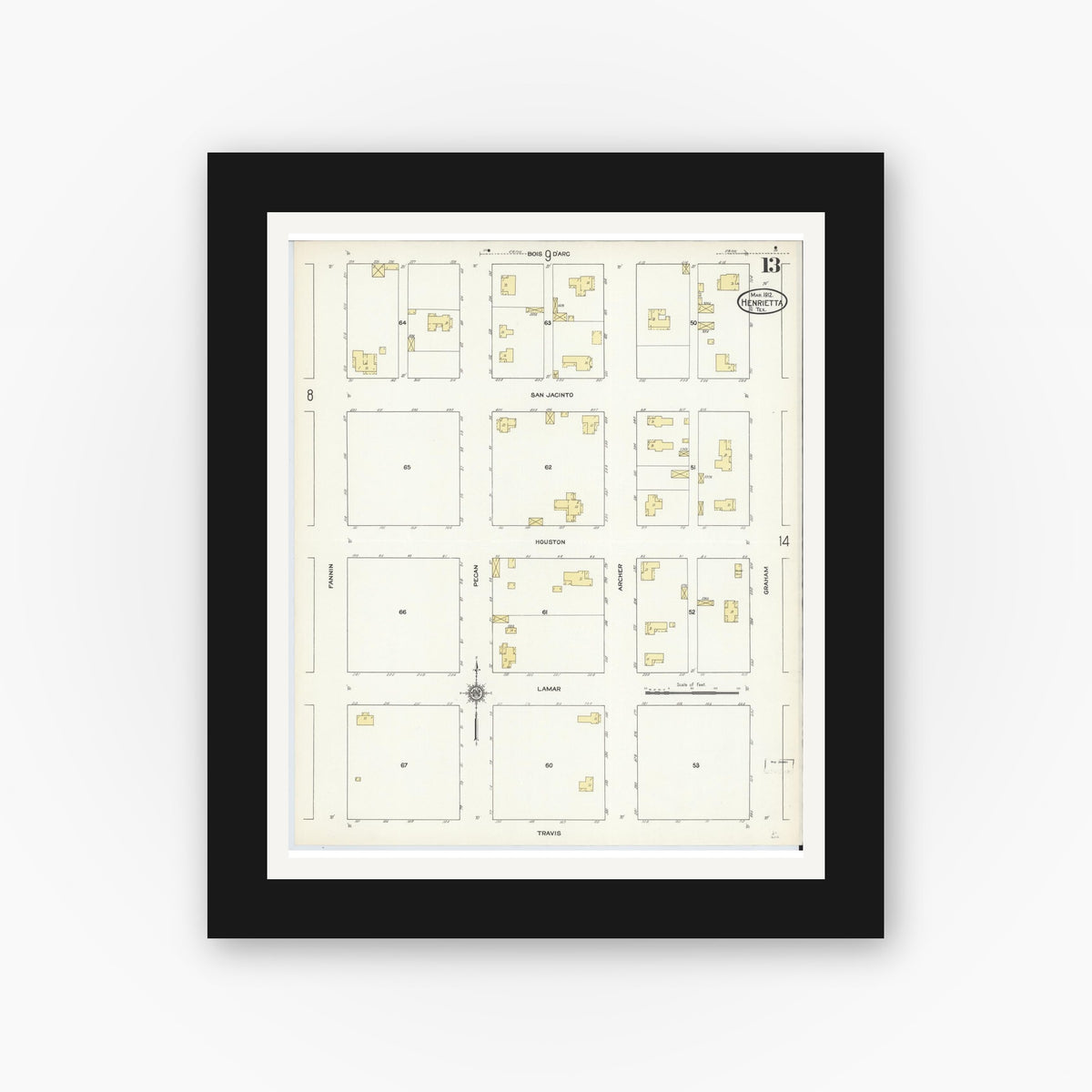 Old map wall art mockup — black gallery frame with white mat — Sanborn Fire Insurance Map from Henrietta, Clay County, Texas (1912), Sheet #0013