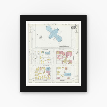 Old map wall art mockup — black gallery frame with white mat — Sanborn Fire Insurance Map from Madison, Dane County, Wisconsin (1892), Sheet #0014