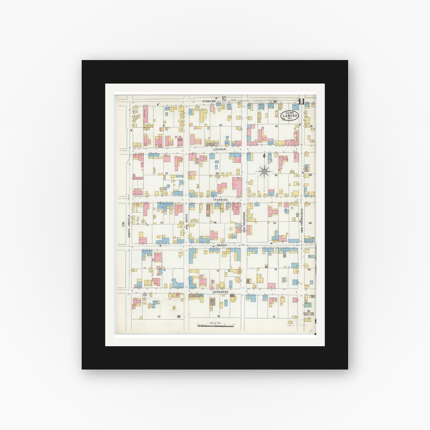 Old map wall art mockup — black gallery frame with white mat — Sanborn Fire Insurance Map from Laredo, Webb County, Texas (1905), Sheet #0011
