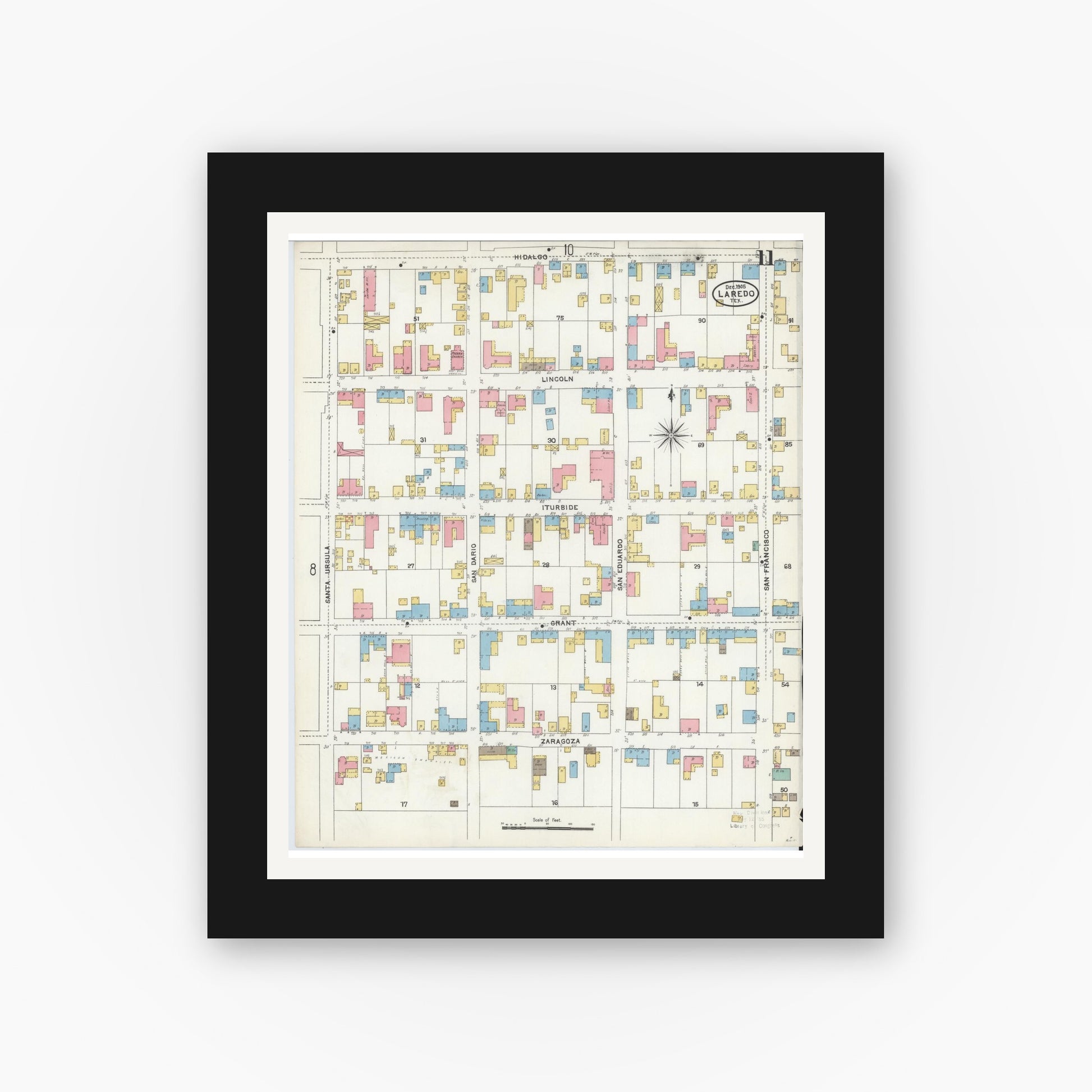 Old map wall art mockup — black gallery frame with white mat — Sanborn Fire Insurance Map from Laredo, Webb County, Texas (1905), Sheet #0011