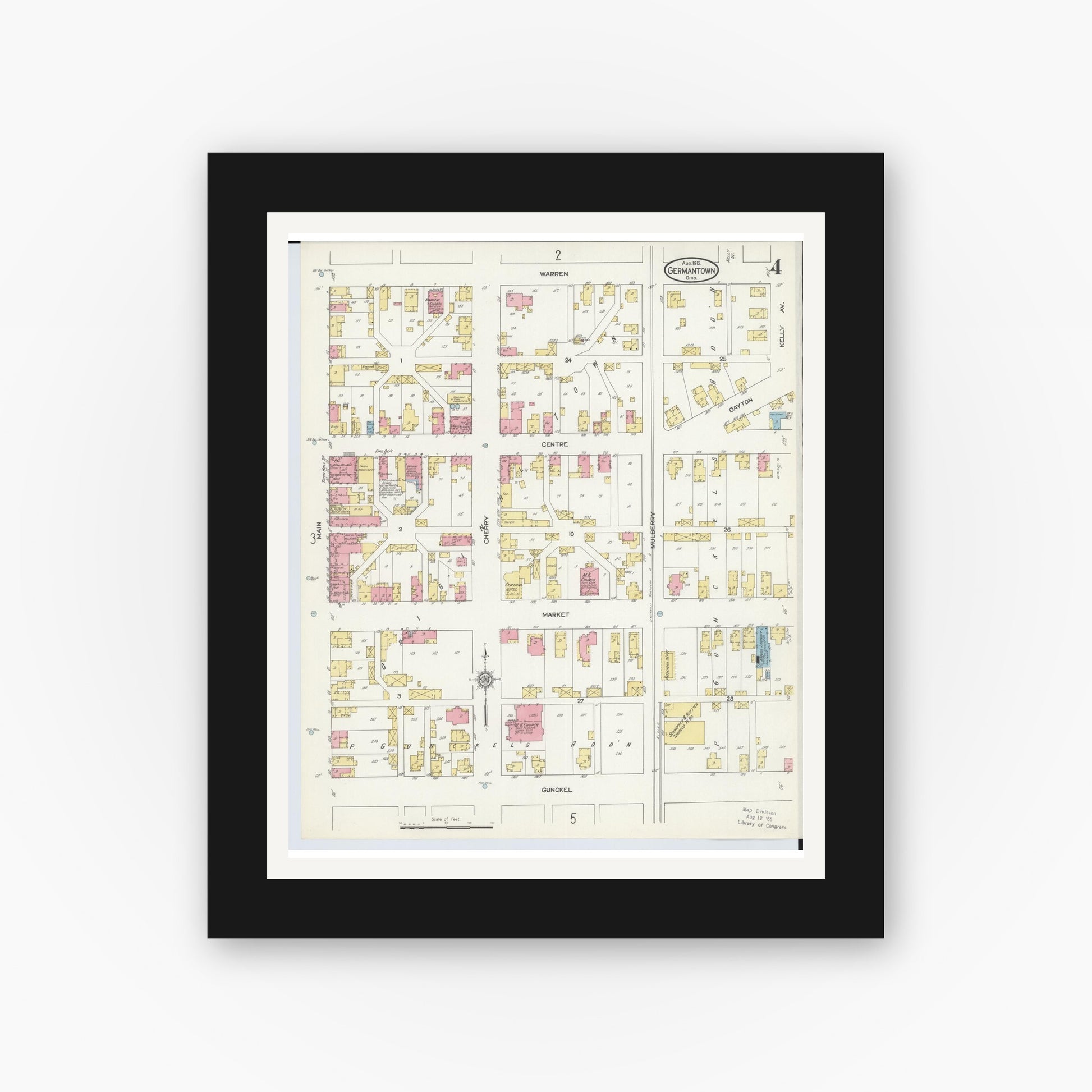 Old map wall art mockup — black gallery frame with white mat — Sanborn Fire Insurance Map from Germantown, Montgomery County, Ohio (1912), Sheet #0004