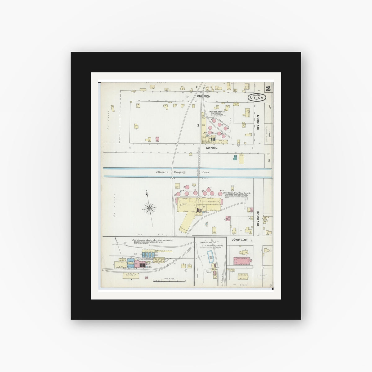 Old map wall art mockup — black gallery frame with white mat — Sanborn Fire Insurance Map from Utica, La Salle County, Illinois (1891), Sheet #0002