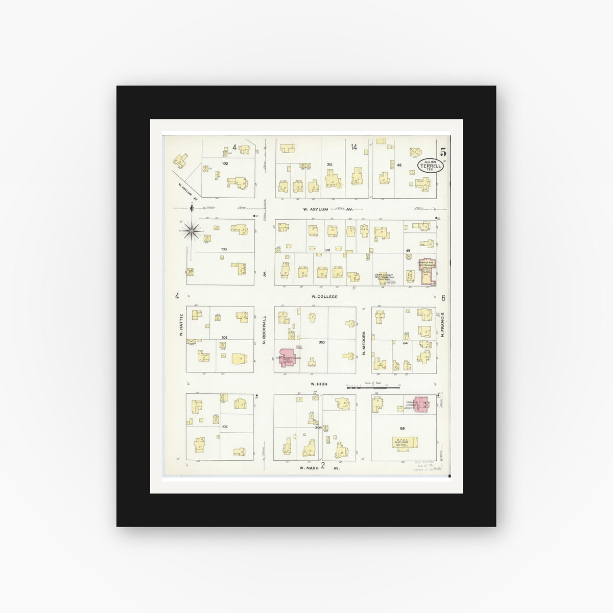 Old map wall art mockup — black gallery frame with white mat — Sanborn Fire Insurance Map from Terrell, Kaufman County, Texas (1909), Sheet #0005