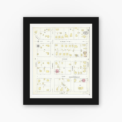 Old map wall art mockup — black gallery frame with white mat — Sanborn Fire Insurance Map from Terrell, Kaufman County, Texas (1909), Sheet #0005