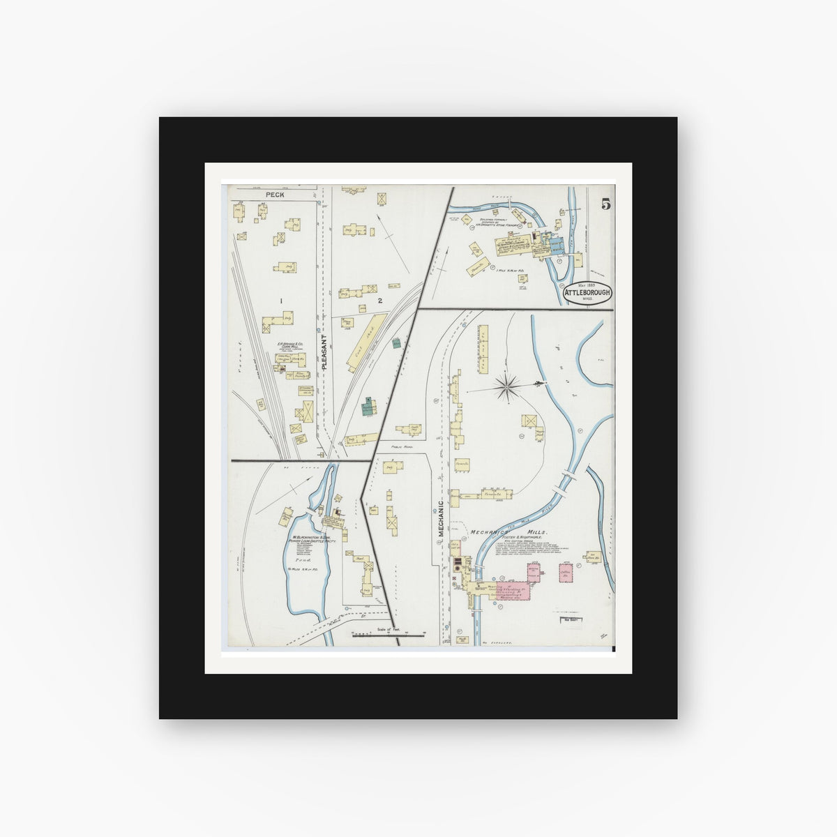 Old map wall art mockup — black gallery frame with white mat — Sanborn Fire Insurance Map from Attleboro, Bristol County, Massachusetts (1889), Sheet #0005