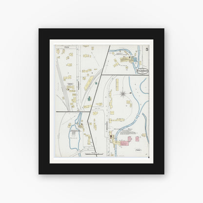 Old map wall art mockup — black gallery frame with white mat — Sanborn Fire Insurance Map from Attleboro, Bristol County, Massachusetts (1889), Sheet #0005