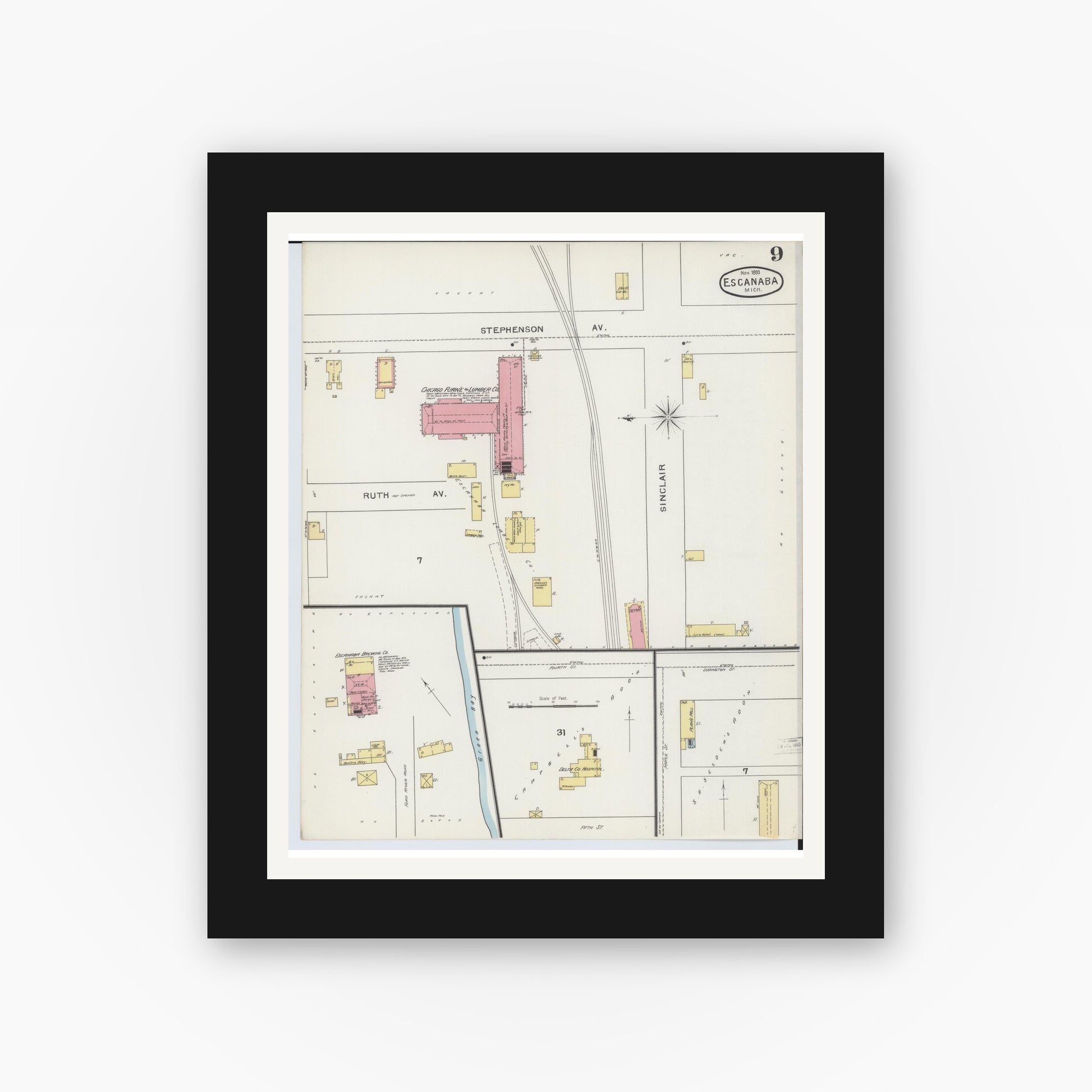 Old map wall art mockup — black gallery frame with white mat — Sanborn Fire Insurance Map from Escanaba, Delta County, Michigan (1893), Sheet #0009