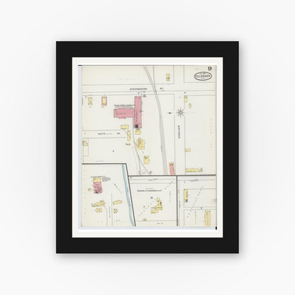 Old map wall art mockup — black gallery frame with white mat — Sanborn Fire Insurance Map from Escanaba, Delta County, Michigan (1893), Sheet #0009
