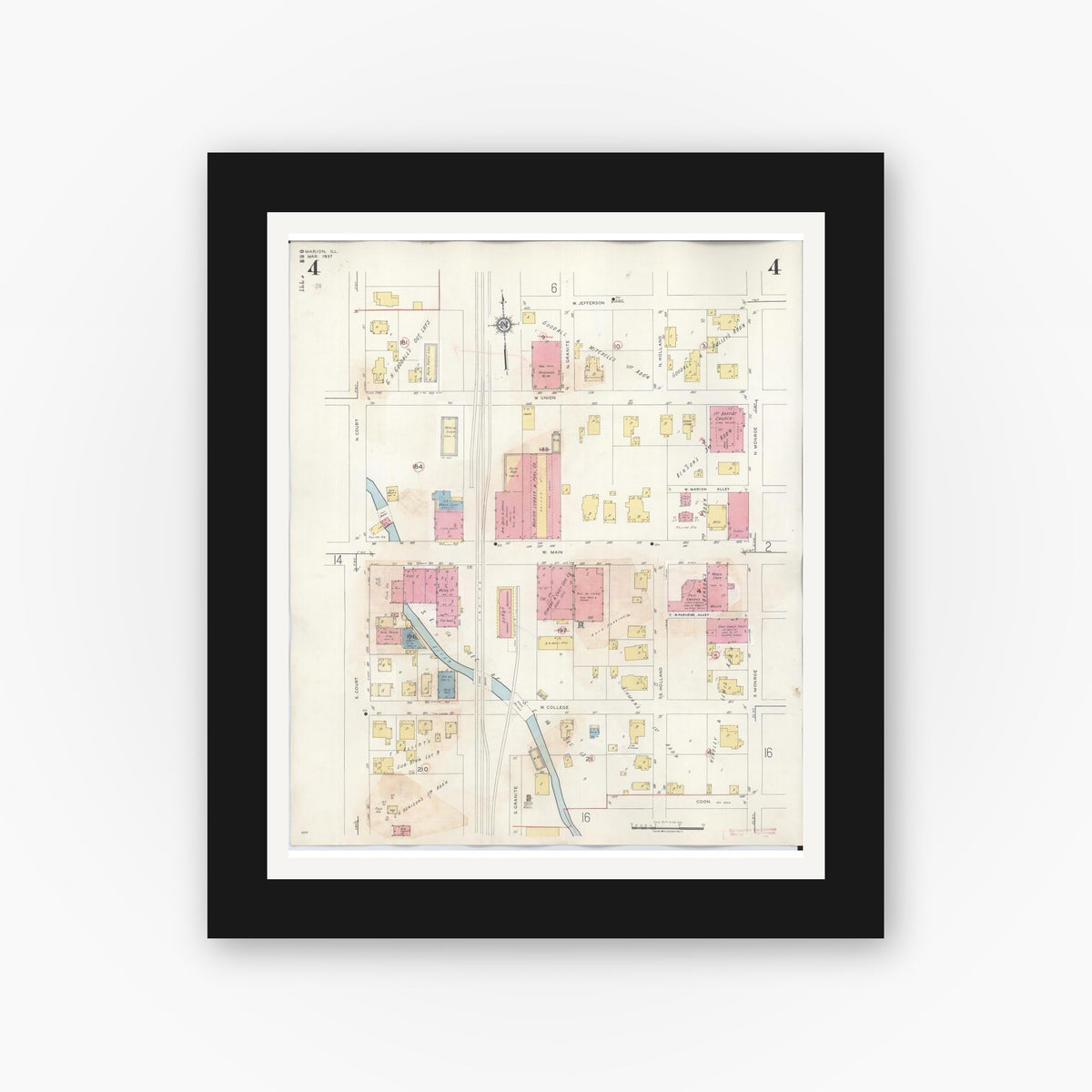 Old map wall art mockup — black gallery frame with white mat — Sanborn Fire Insurance Map from Marion, Williamson County, Illinois (1946), Sheet #0004