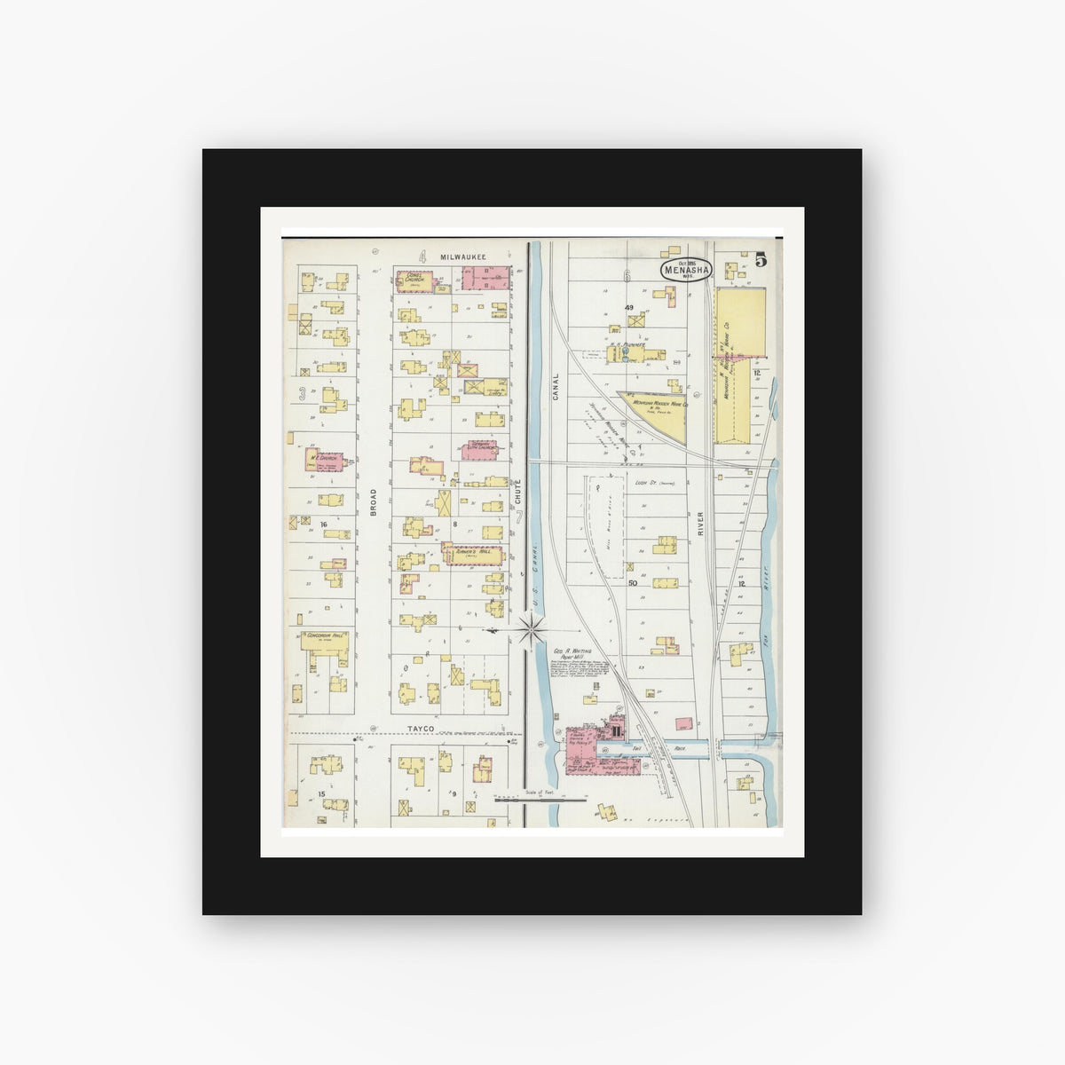Old map wall art mockup — black gallery frame with white mat — Sanborn Fire Insurance Map from Menasha, Winnebago County, Wisconsin (1895), Sheet #0005