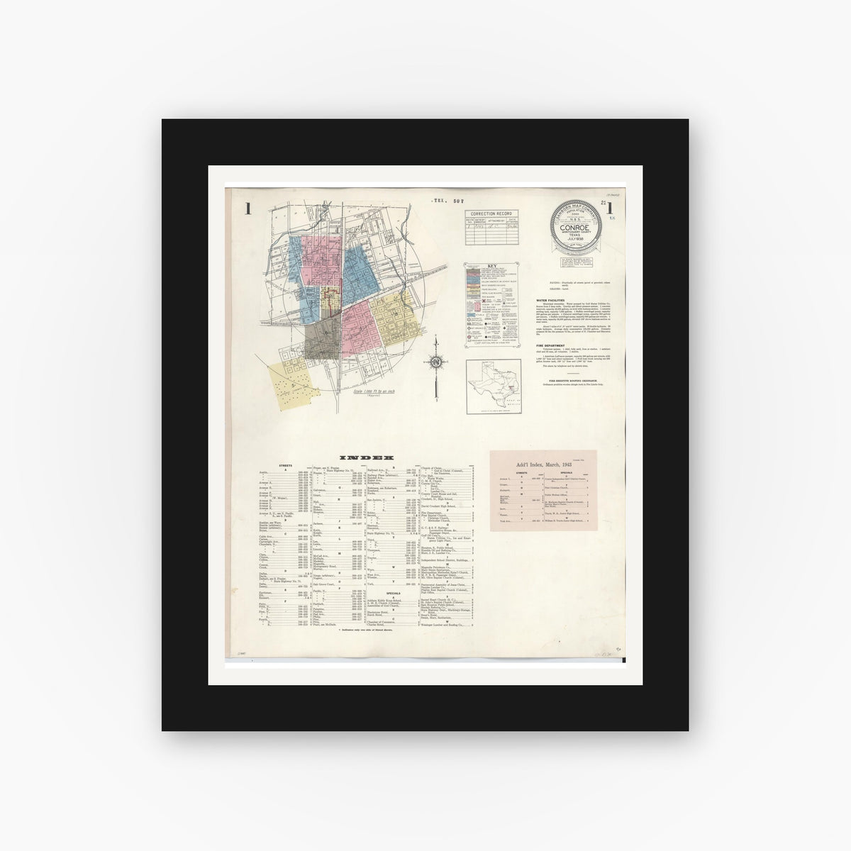 Old map wall art mockup — black gallery frame with white mat — Sanborn Fire Insurance Map from Conroe, Montgomery County, Texas (1943) - Complete Map Set