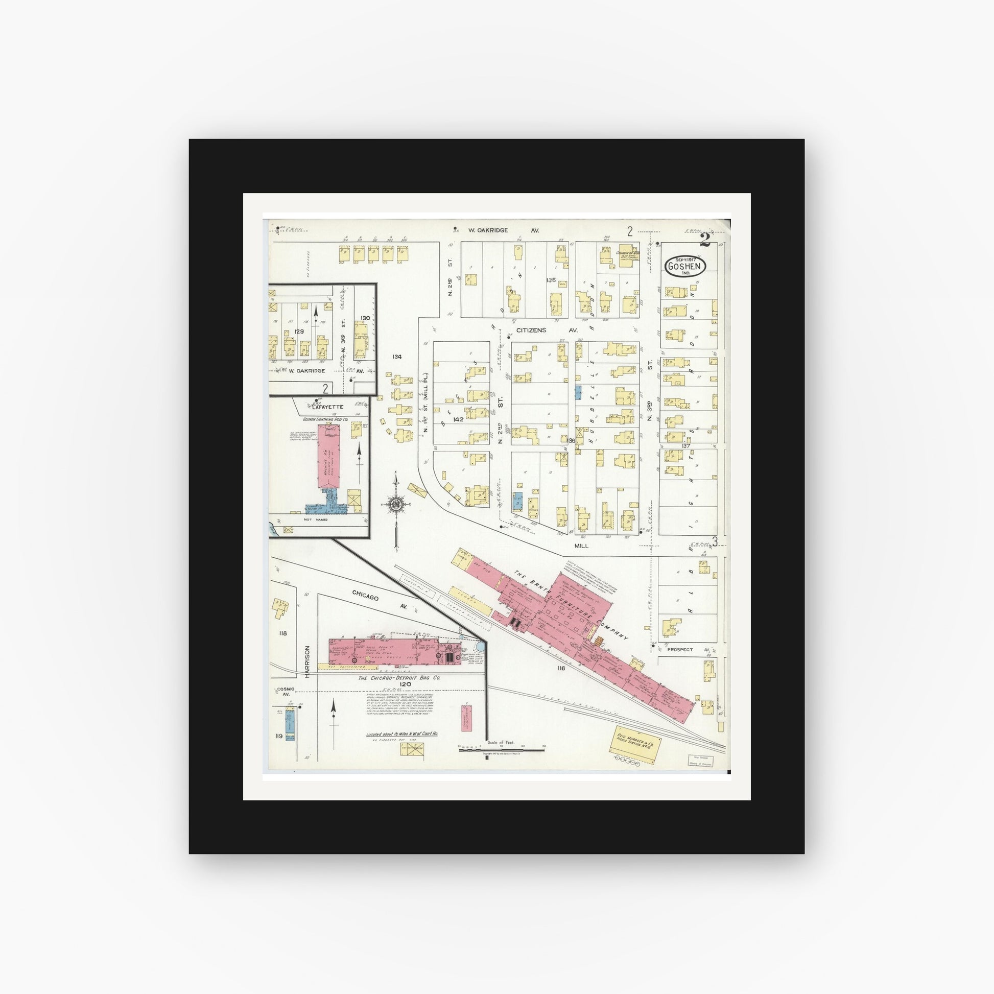 Old map wall art mockup — black gallery frame with white mat — Sanborn Fire Insurance Map from Goshen, Elkhart County, Indiana (1917), Sheet #0002