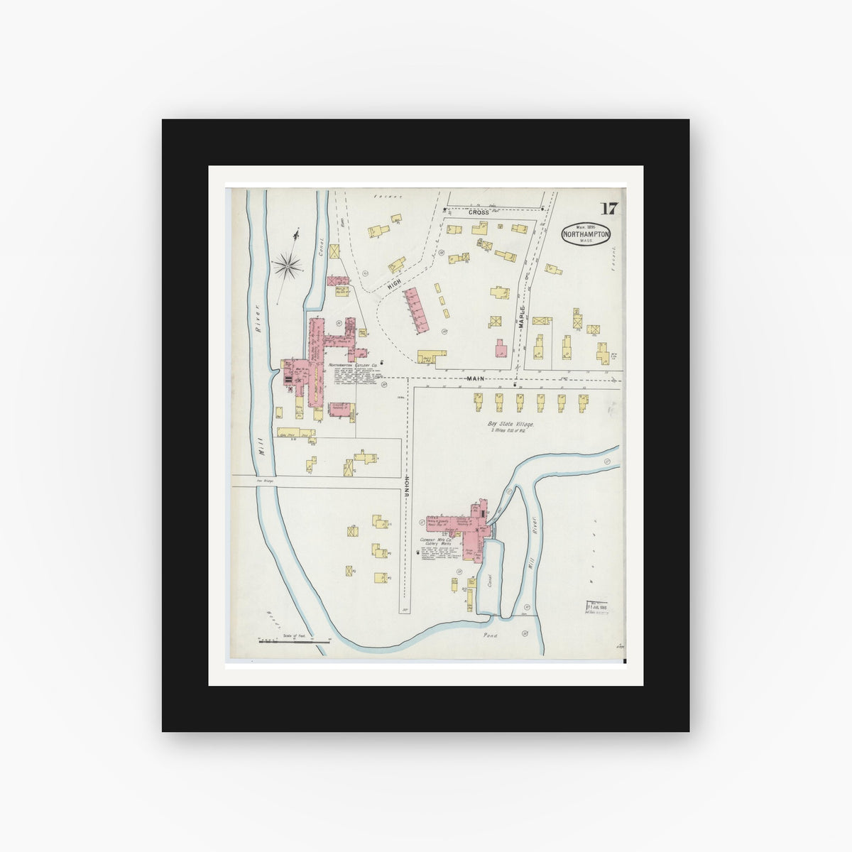 Old map wall art mockup — black gallery frame with white mat — Sanborn Fire Insurance Map from Northampton, Hampshire County, Massachusetts (1895), Sheet #0017