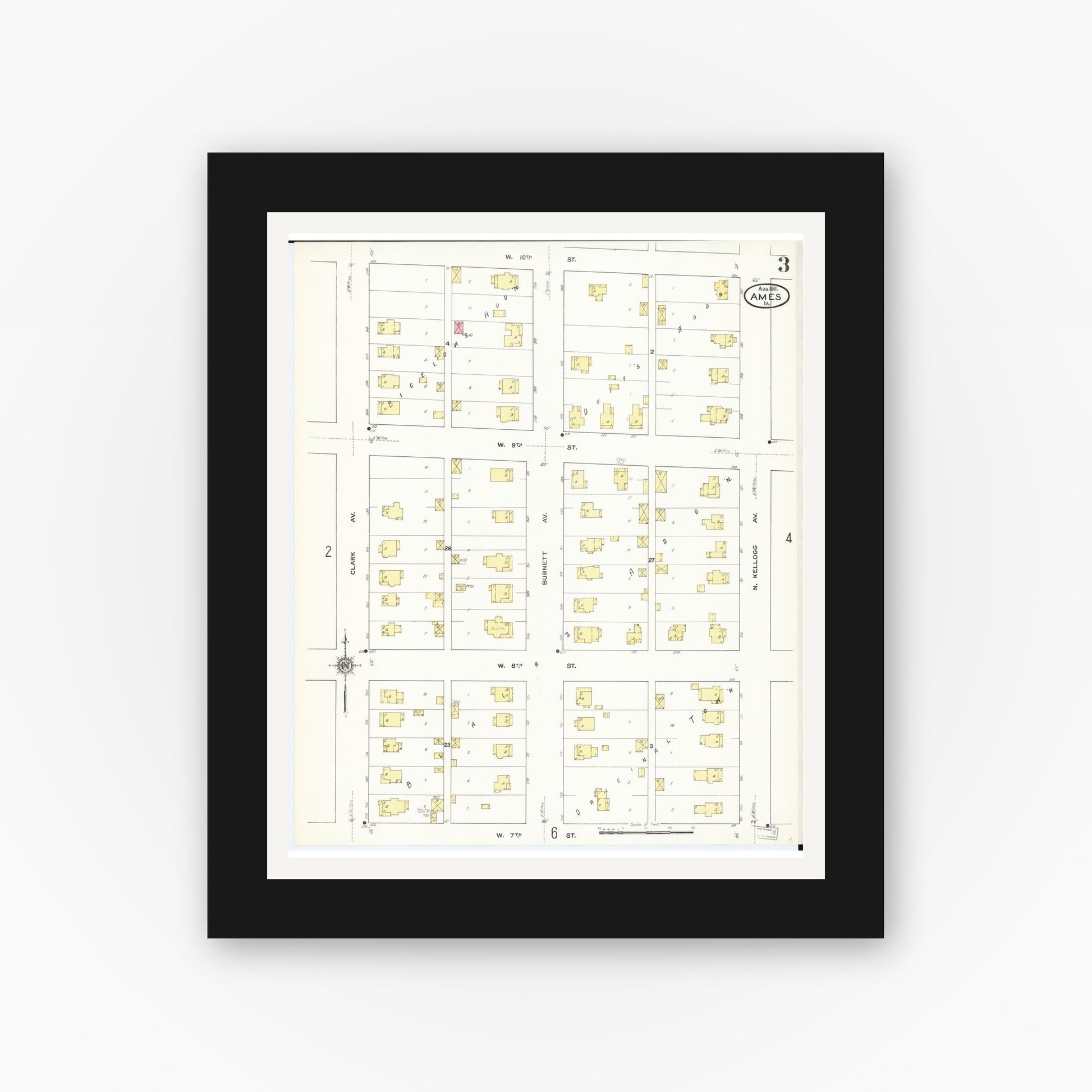 Old map wall art mockup — black gallery frame with white mat — Sanborn Fire Insurance Map from Ames, Story County, Iowa (1911), Sheet #0003