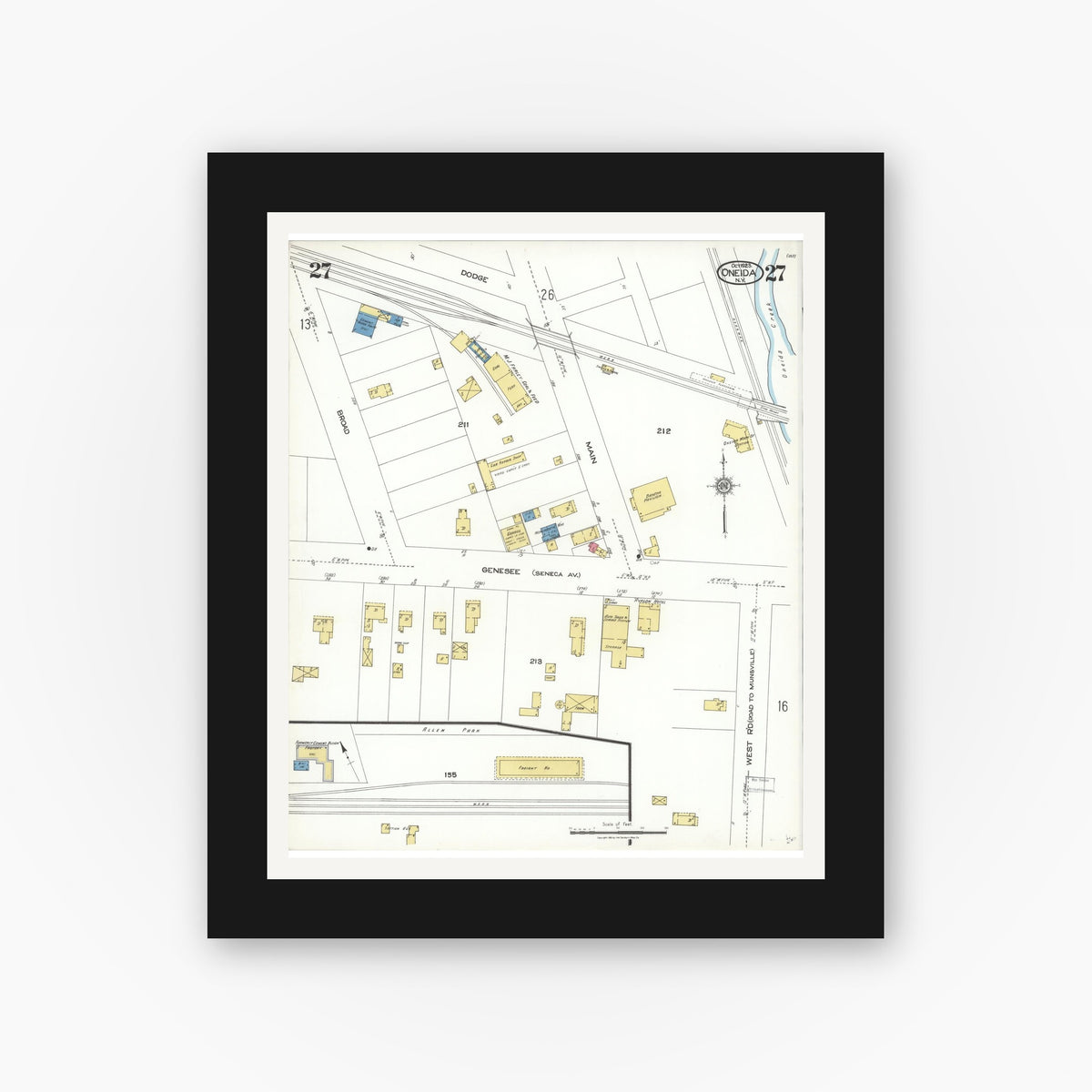 Old map wall art mockup — black gallery frame with white mat — Sanborn Fire Insurance Map from Oneida, Madison County, New York (1923), Sheet #0027