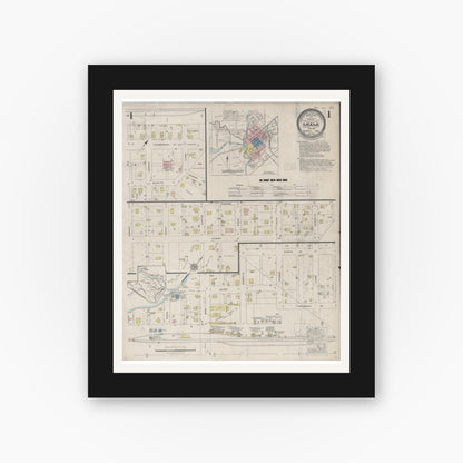 Old map wall art mockup — black gallery frame with white mat — Sanborn Fire Insurance Map from Miami, Roberts County, Texas (1929), Sheet #0001