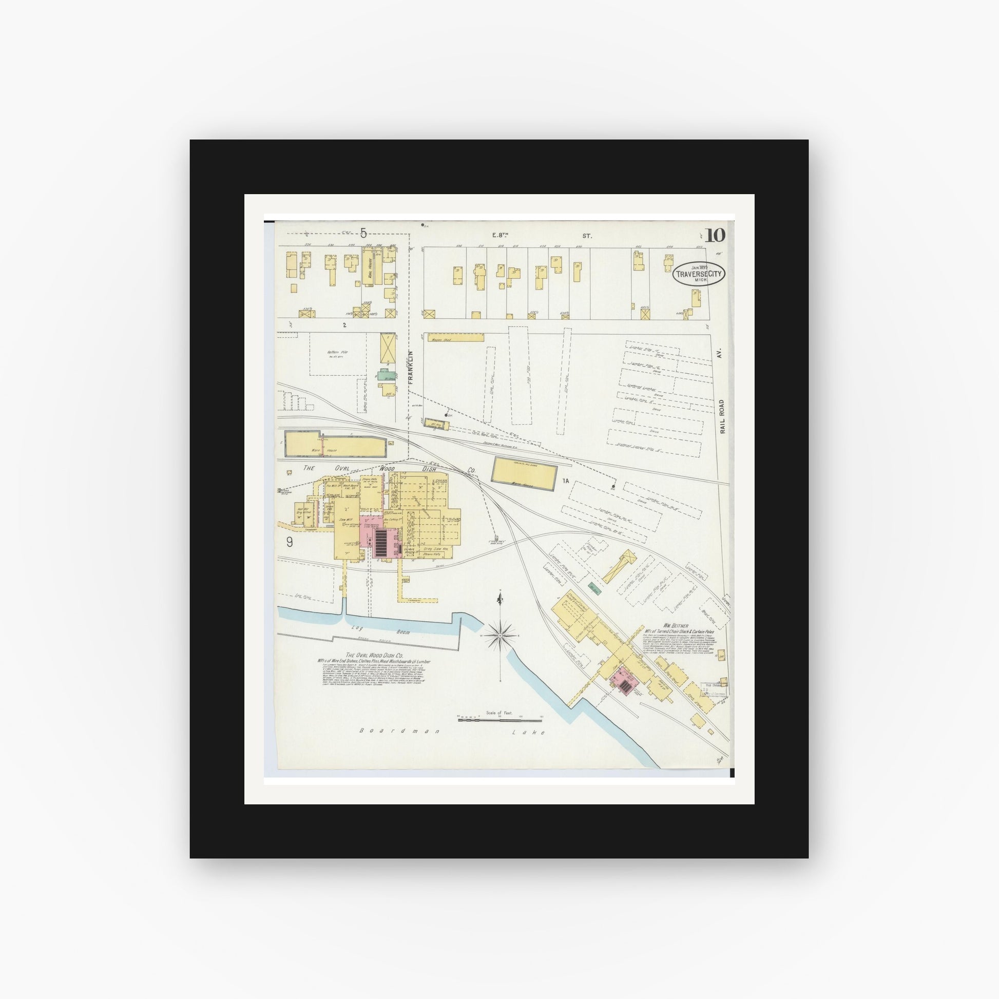 Old map wall art mockup — black gallery frame with white mat — Sanborn Fire Insurance Map from Traverse City, Grand Traverse County, Michigan (1899), Sheet #0010