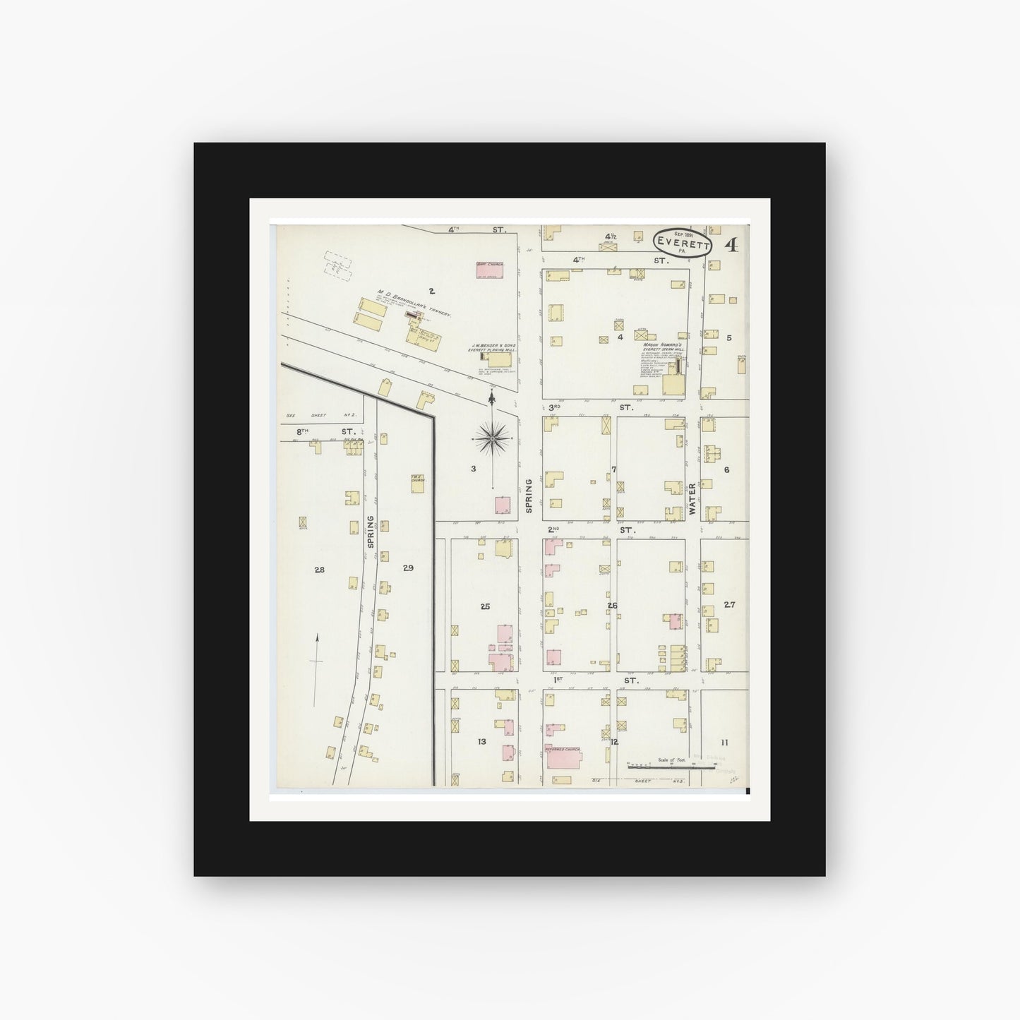 Old map wall art mockup — black gallery frame with white mat — Sanborn Fire Insurance Map from Everett, Bedford County, Pennsylvania (1891), Sheet #0004
