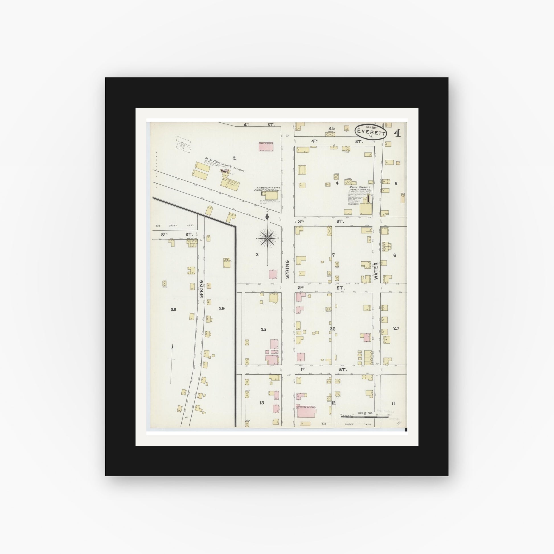 Old map wall art mockup — black gallery frame with white mat — Sanborn Fire Insurance Map from Everett, Bedford County, Pennsylvania (1891), Sheet #0004