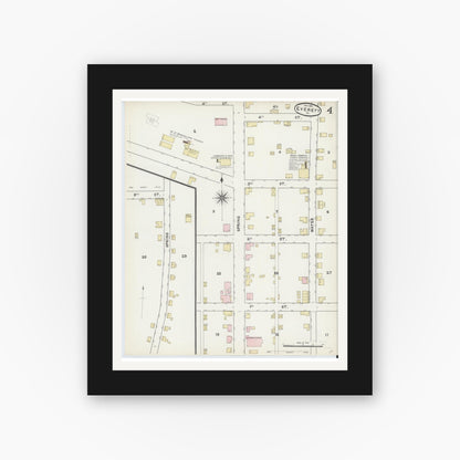 Old map wall art mockup — black gallery frame with white mat — Sanborn Fire Insurance Map from Everett, Bedford County, Pennsylvania (1891), Sheet #0004