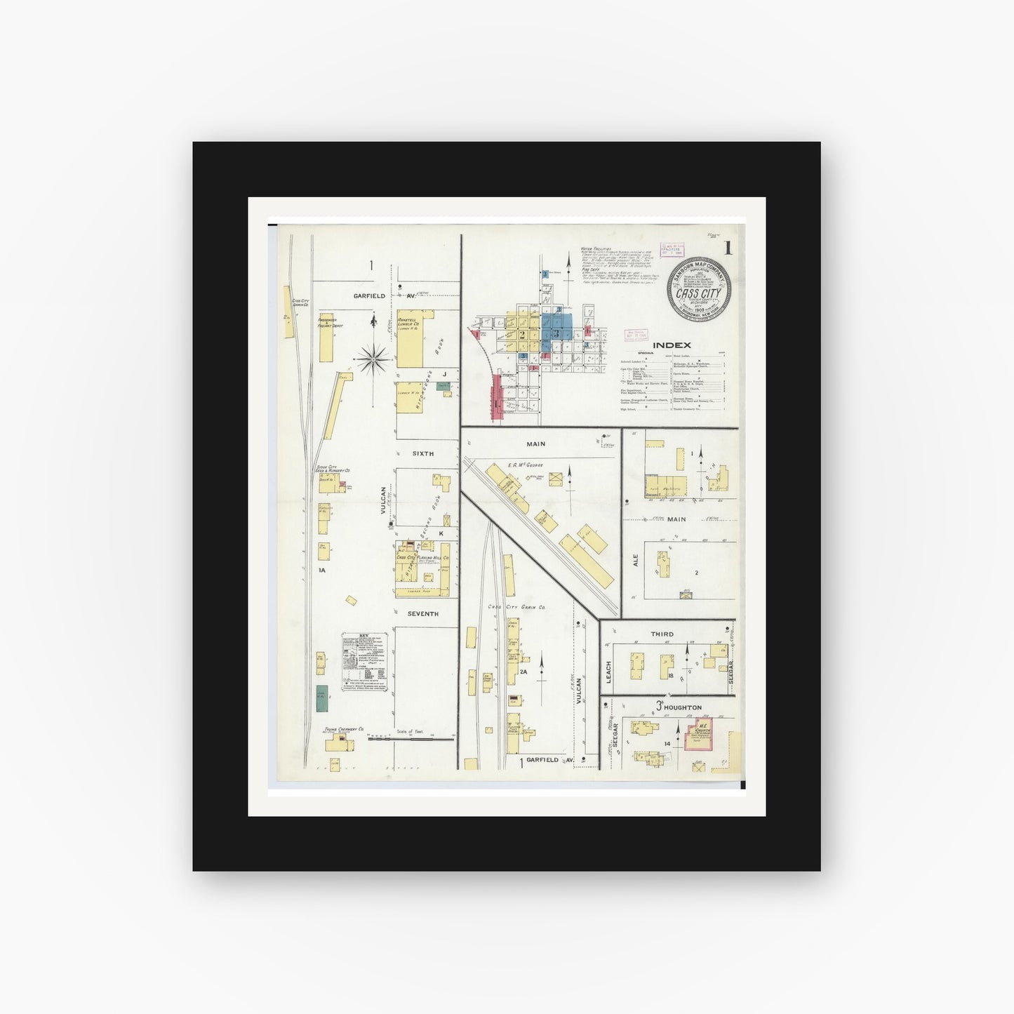 Old map wall art mockup — black gallery frame with white mat — Sanborn Fire Insurance Map from Cass City, Tuscola County, Michigan (1909), Sheet #0001