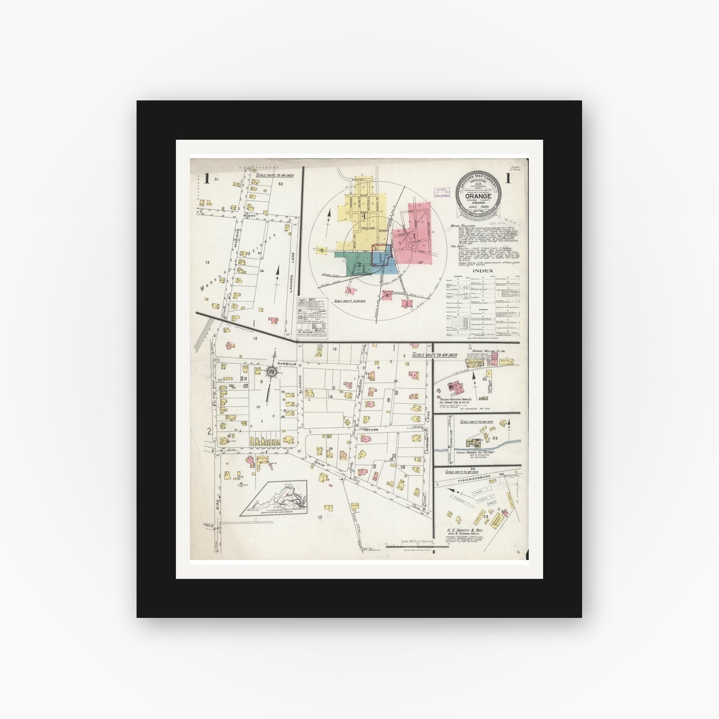 Old map wall art mockup — black gallery frame with white mat — Sanborn Fire Insurance Map from Orange, Orange County, Virginia (1925), Sheet #0001