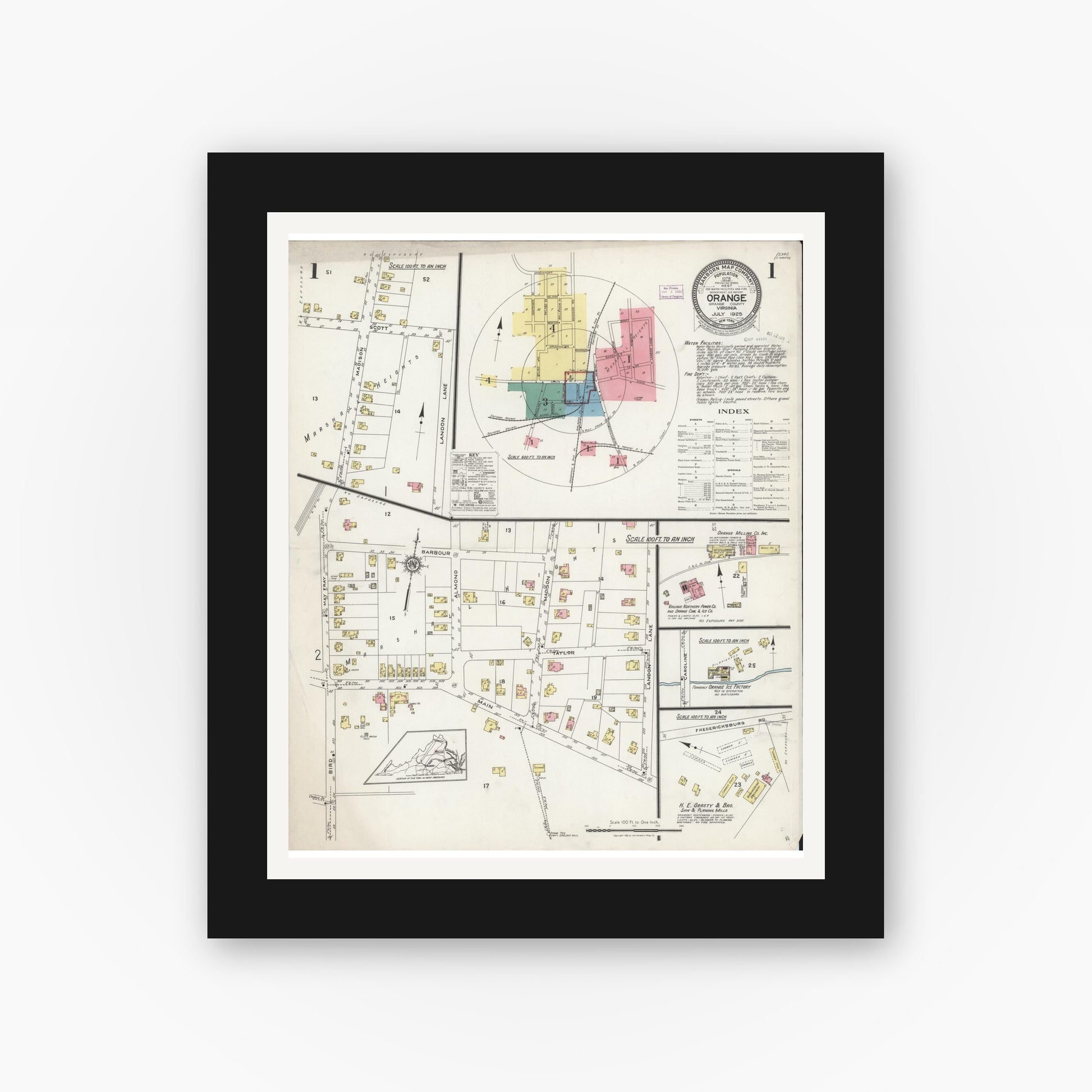 Old map wall art mockup — black gallery frame with white mat — Sanborn Fire Insurance Map from Orange, Orange County, Virginia (1925), Sheet #0001