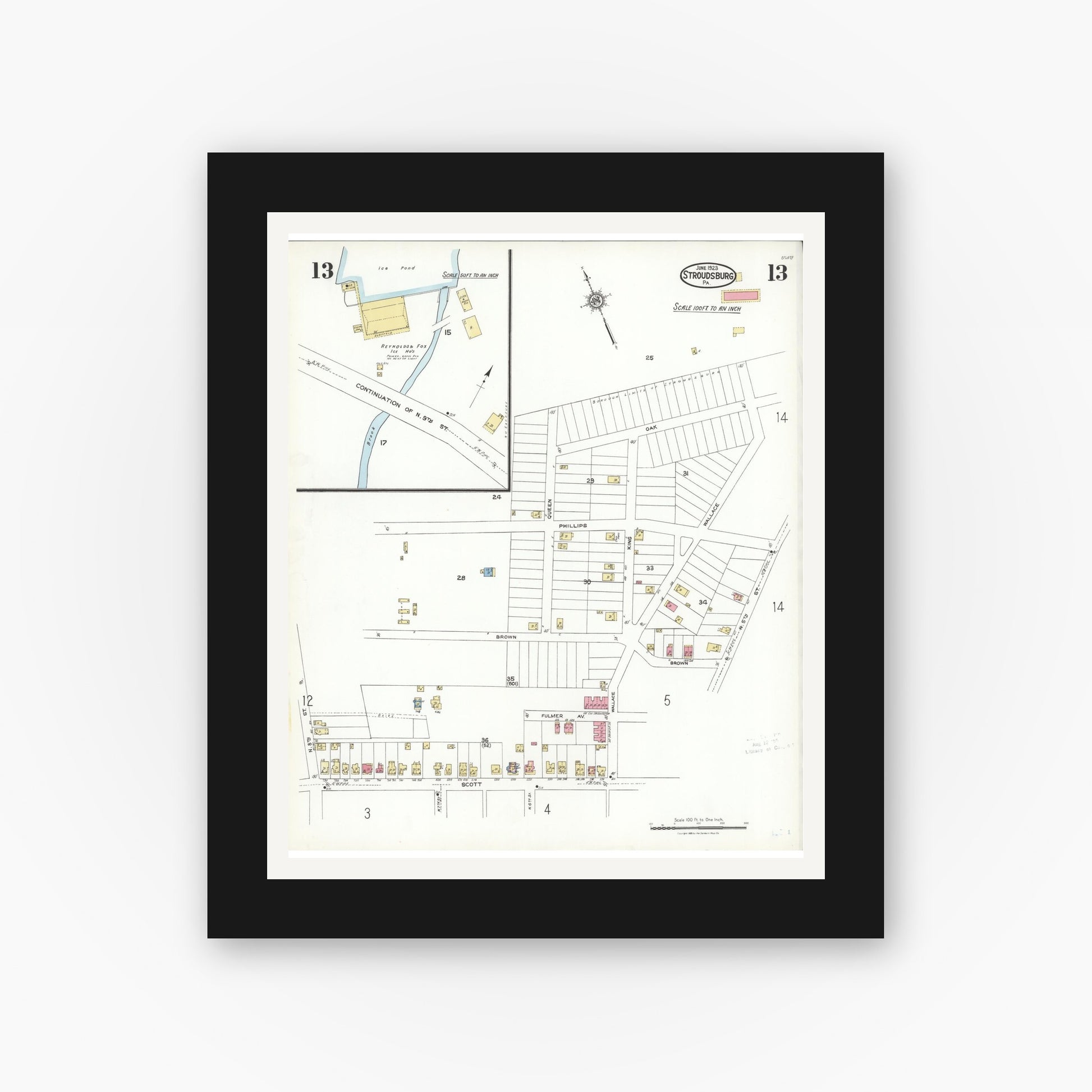 Old map wall art mockup — black gallery frame with white mat — Sanborn Fire Insurance Map from Stroudsburg, Monroe County, Pennsylvania (1923), Sheet #0013