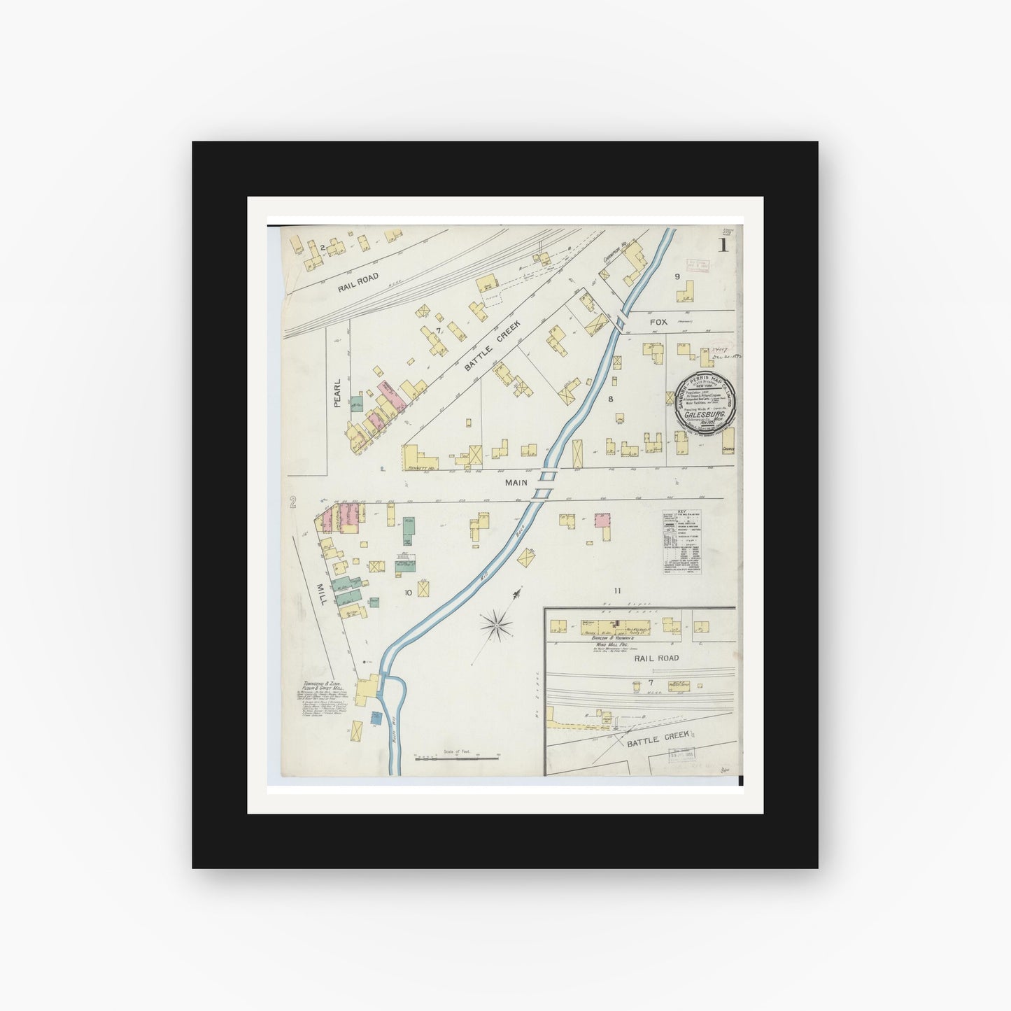 Old map wall art mockup — black gallery frame with white mat — Sanborn Fire Insurance Map from Galesburg, Kalamazoo County, Michigan (1892) - Complete Map Set