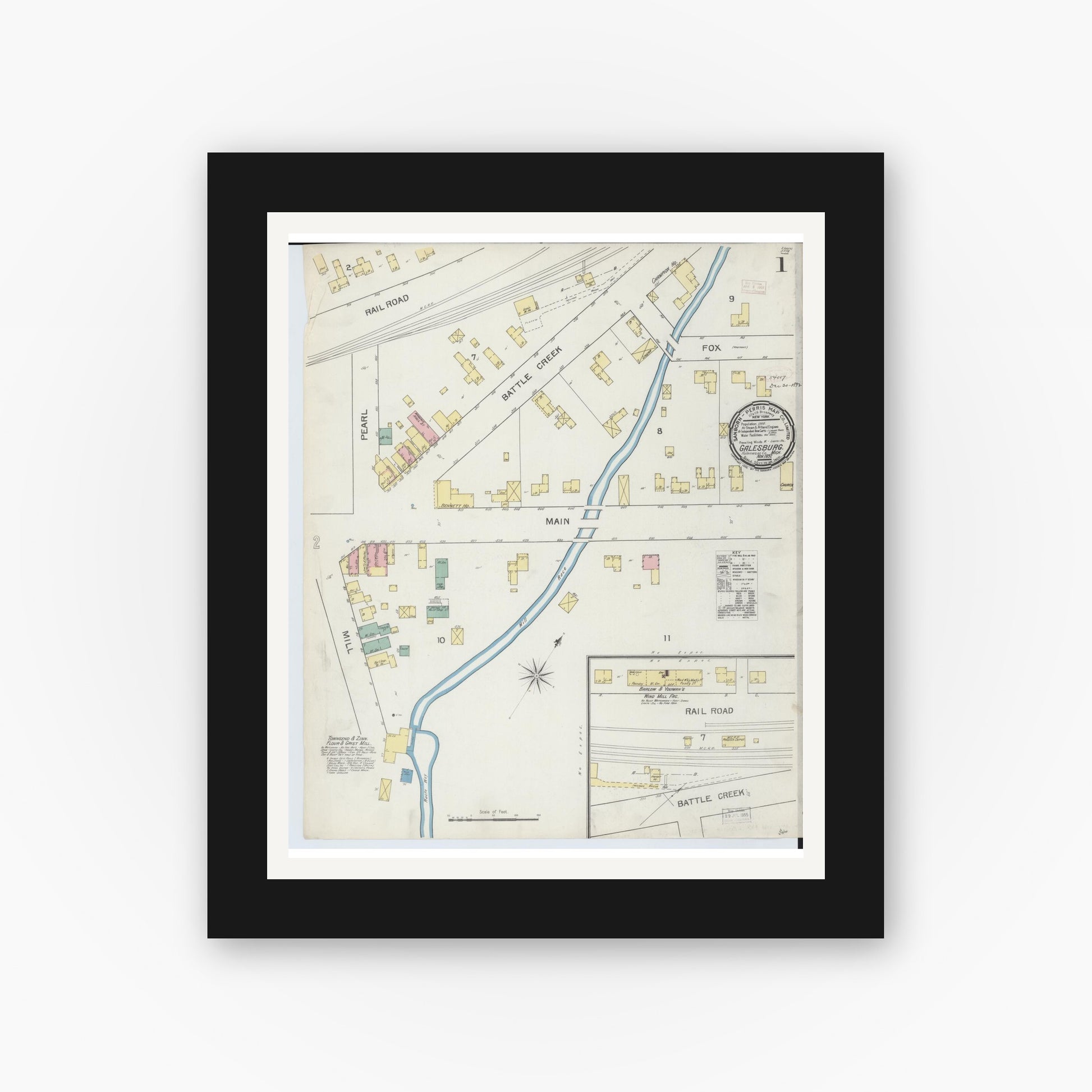 Old map wall art mockup — black gallery frame with white mat — Sanborn Fire Insurance Map from Galesburg, Kalamazoo County, Michigan (1892) - Complete Map Set