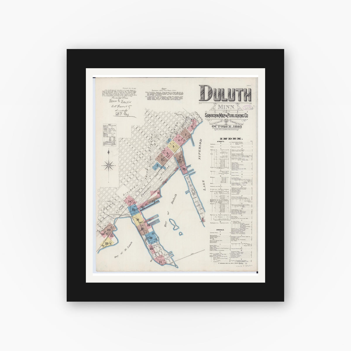 Old map wall art mockup — black gallery frame with white mat — Sanborn Fire Insurance Map from Duluth, Saint Louis County, Minnesota (1885), Sheet #0001