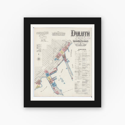 Old map wall art mockup — black gallery frame with white mat — Sanborn Fire Insurance Map from Duluth, Saint Louis County, Minnesota (1885), Sheet #0001