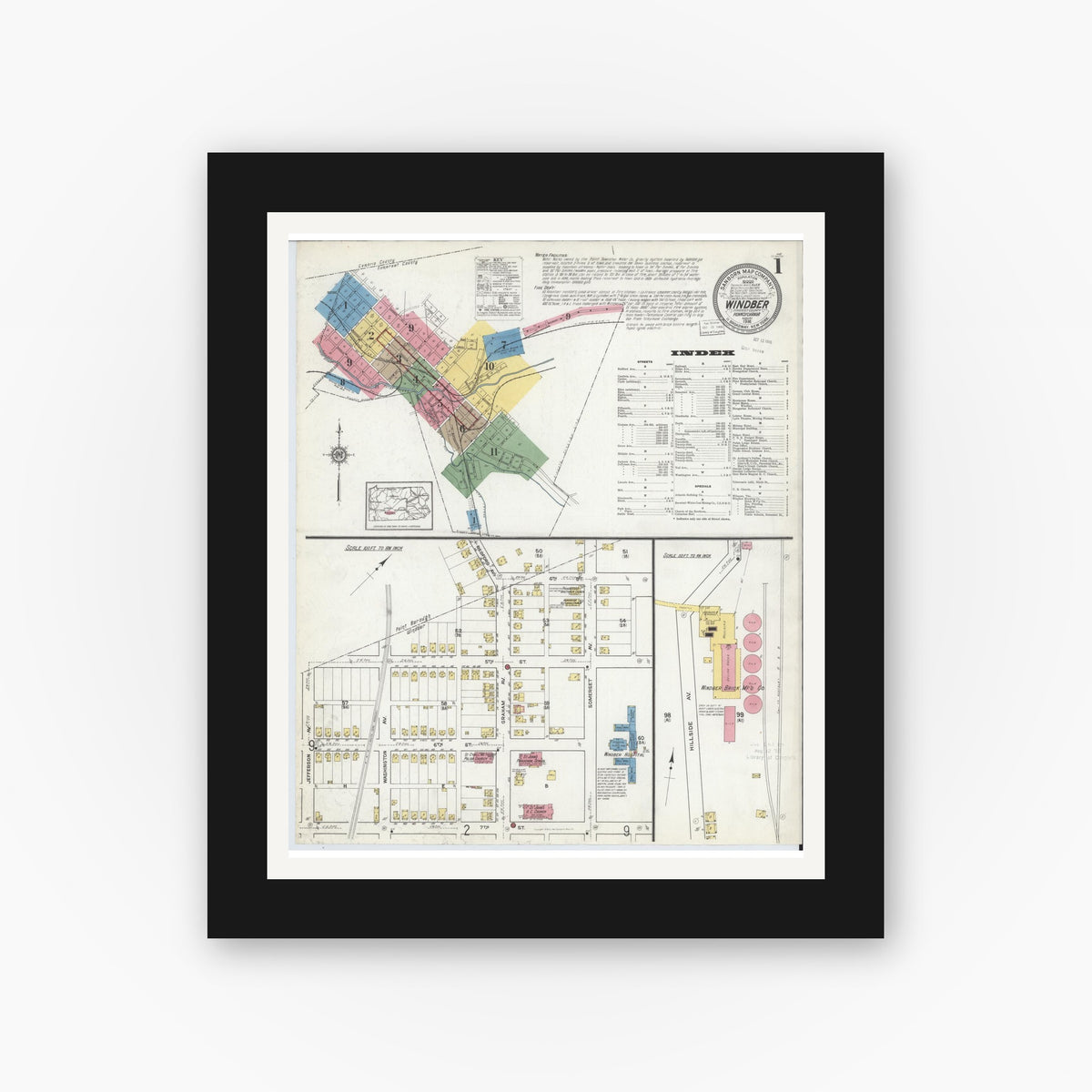 Old map wall art mockup — black gallery frame with white mat — Sanborn Fire Insurance Map from Windber, Somerset County, Pennsylvania (1916), Sheet #0001